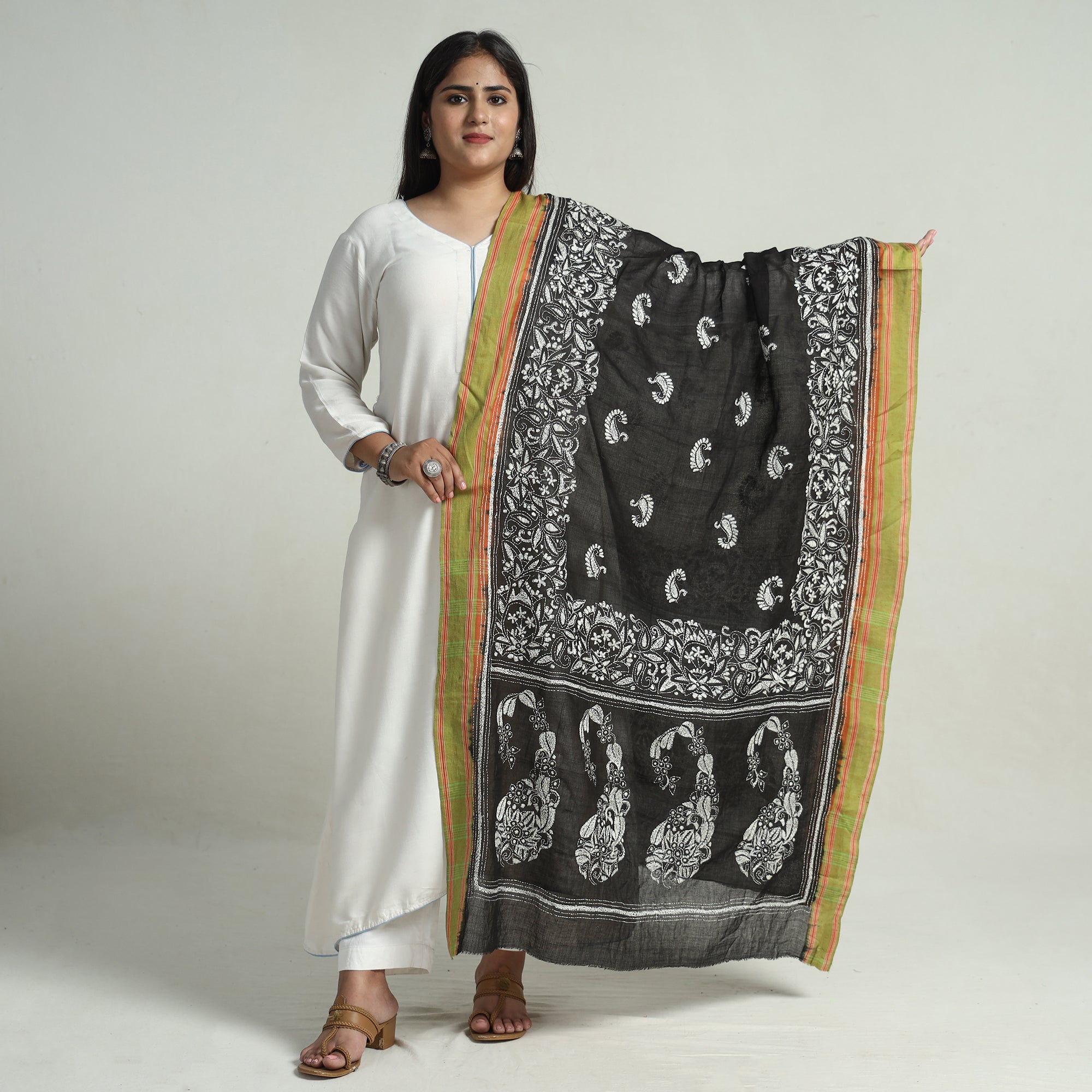 KHUSHBASH - HAPPY LOOM OF EAST Black - Bengal Kantha Embroidery Cotton Handloom Dupatta 129