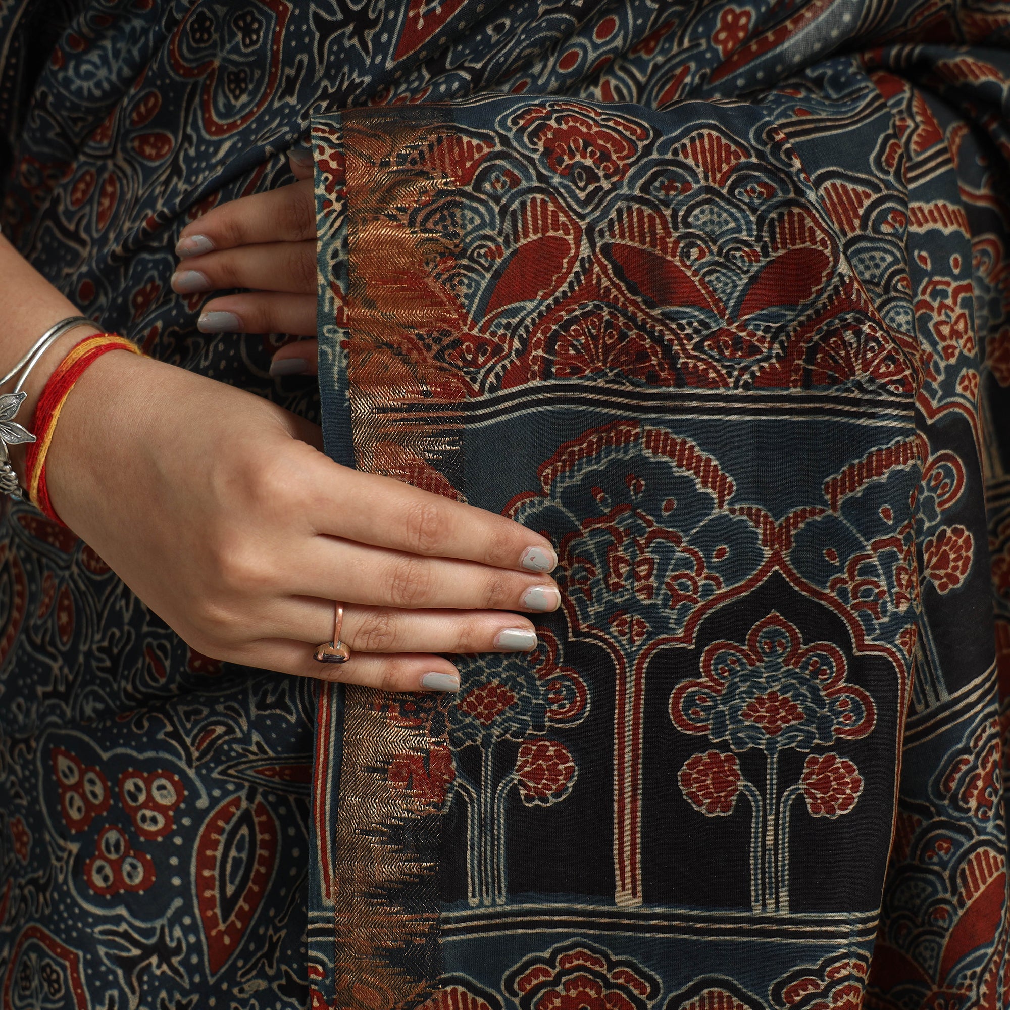 RIYAZ ABDULMAJID KHATRI - AJRAKH Blue - Block Printed Chanderi Silk Ajrakh Saree 12 - view 4