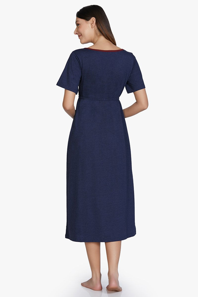 Amante Cotton Blend Chemise Dress - Navy - view 3
