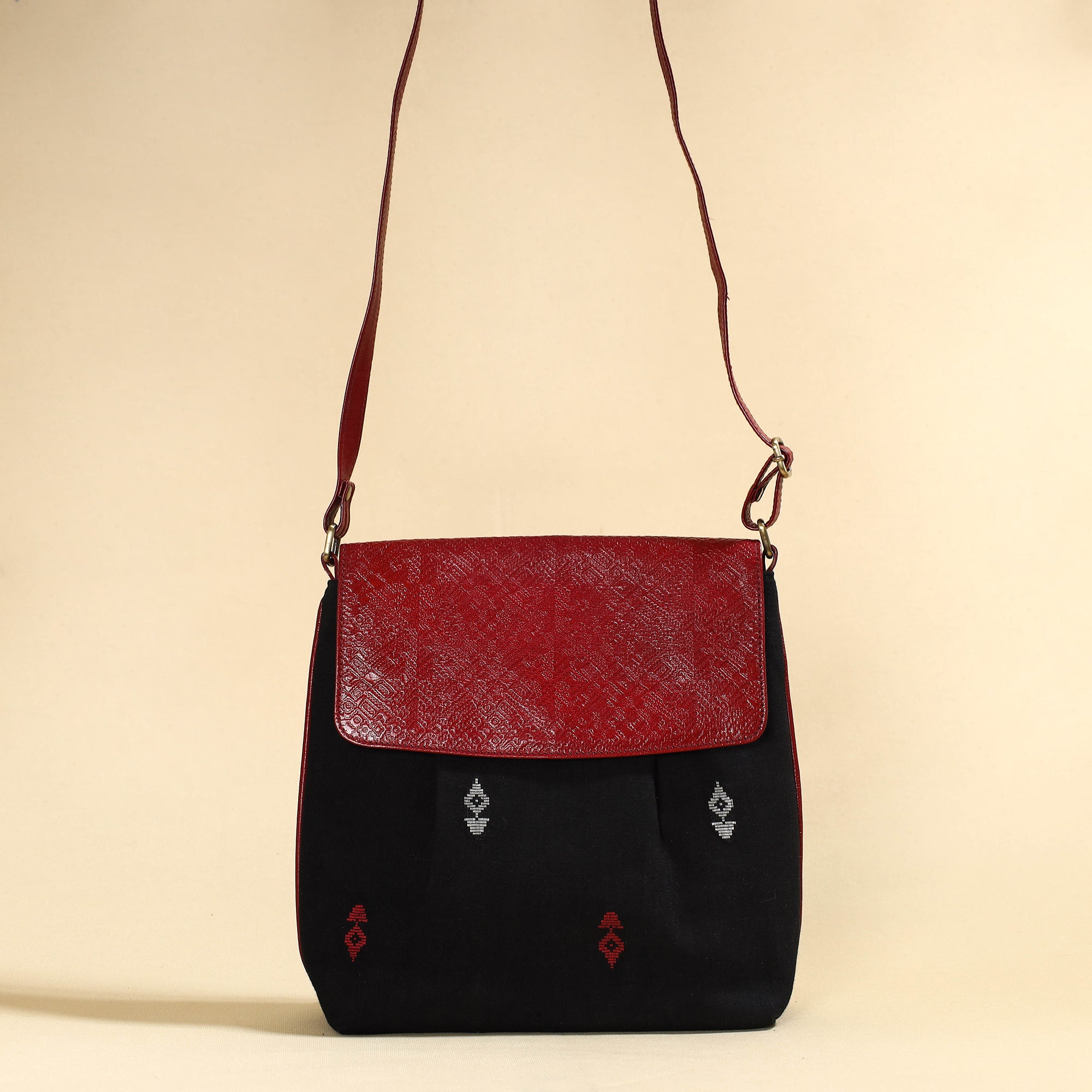 ASALKAAR Black - Handcrafted Jacquard Fabric Sling Bag with Embossed Leather Flap