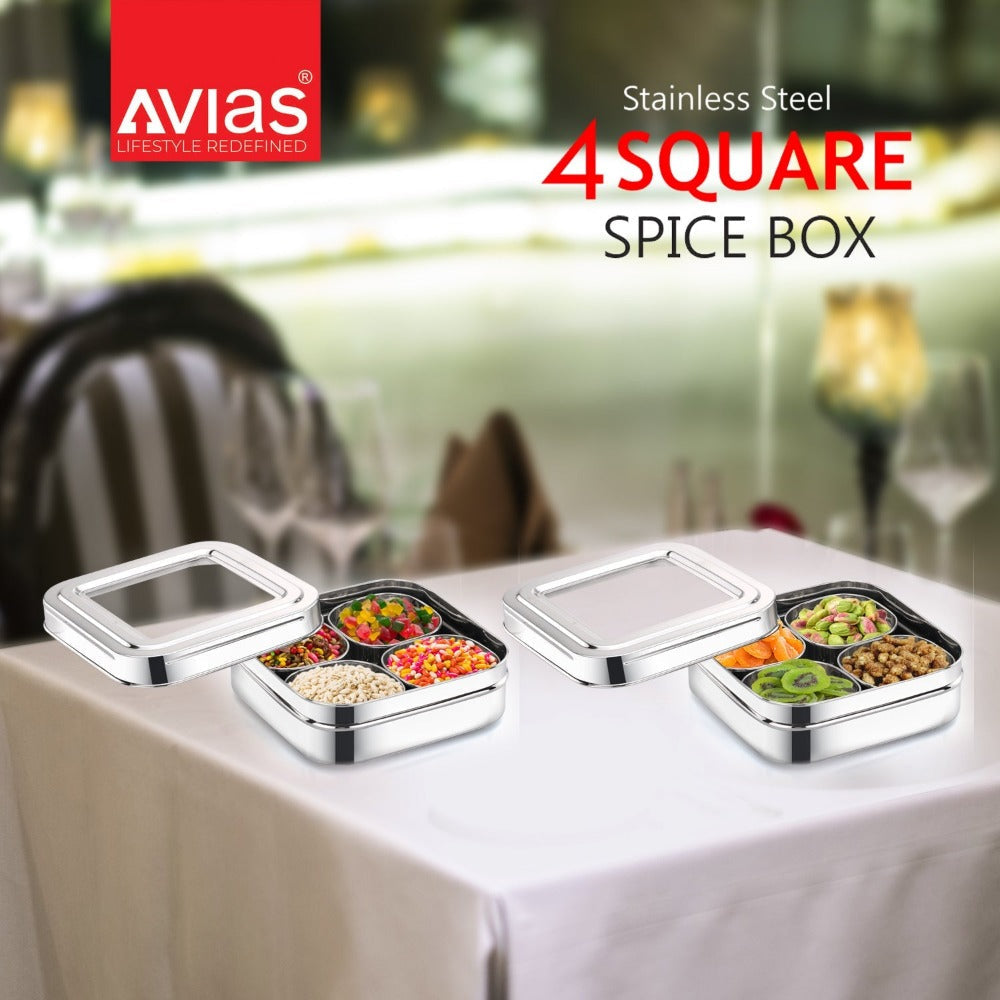 AVIAS Square Stainless Steel Spice Box with See-Through Glass Lid | 4 Compartments and 1 Spoon | Silver - view 5