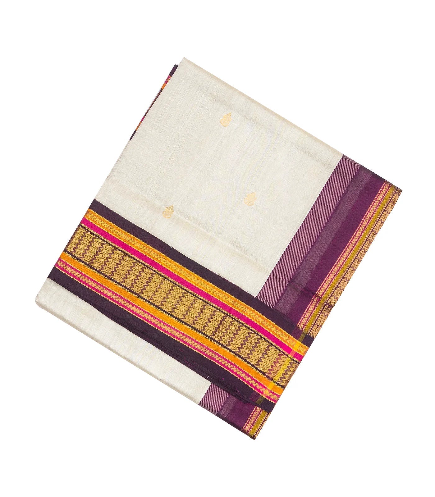 RmKV White Handloom Korvai Silk Cotton Saree With Floral Buttas