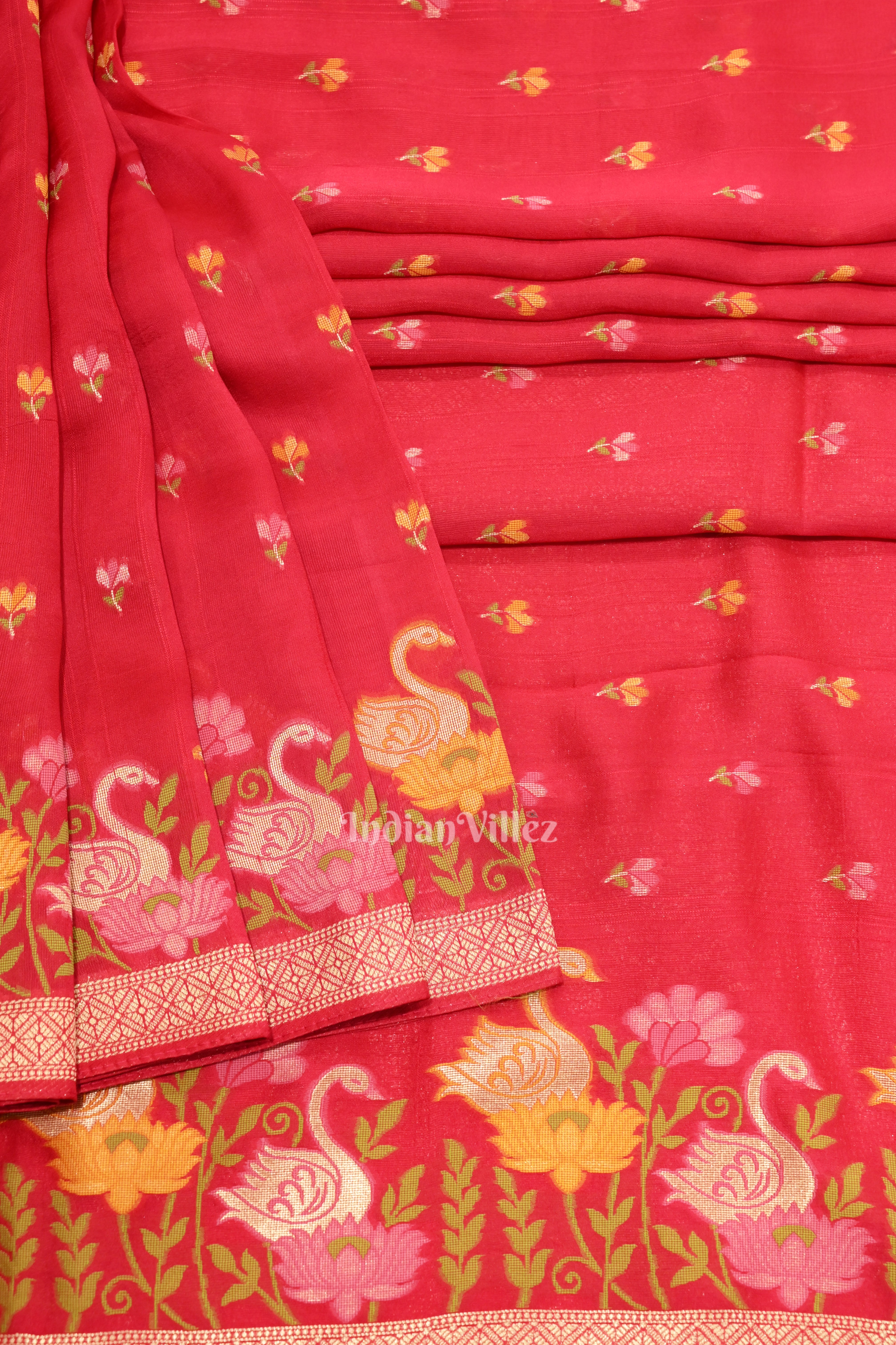IndianVillèz Red Tussar Banarasi Silk Saree with Tassels