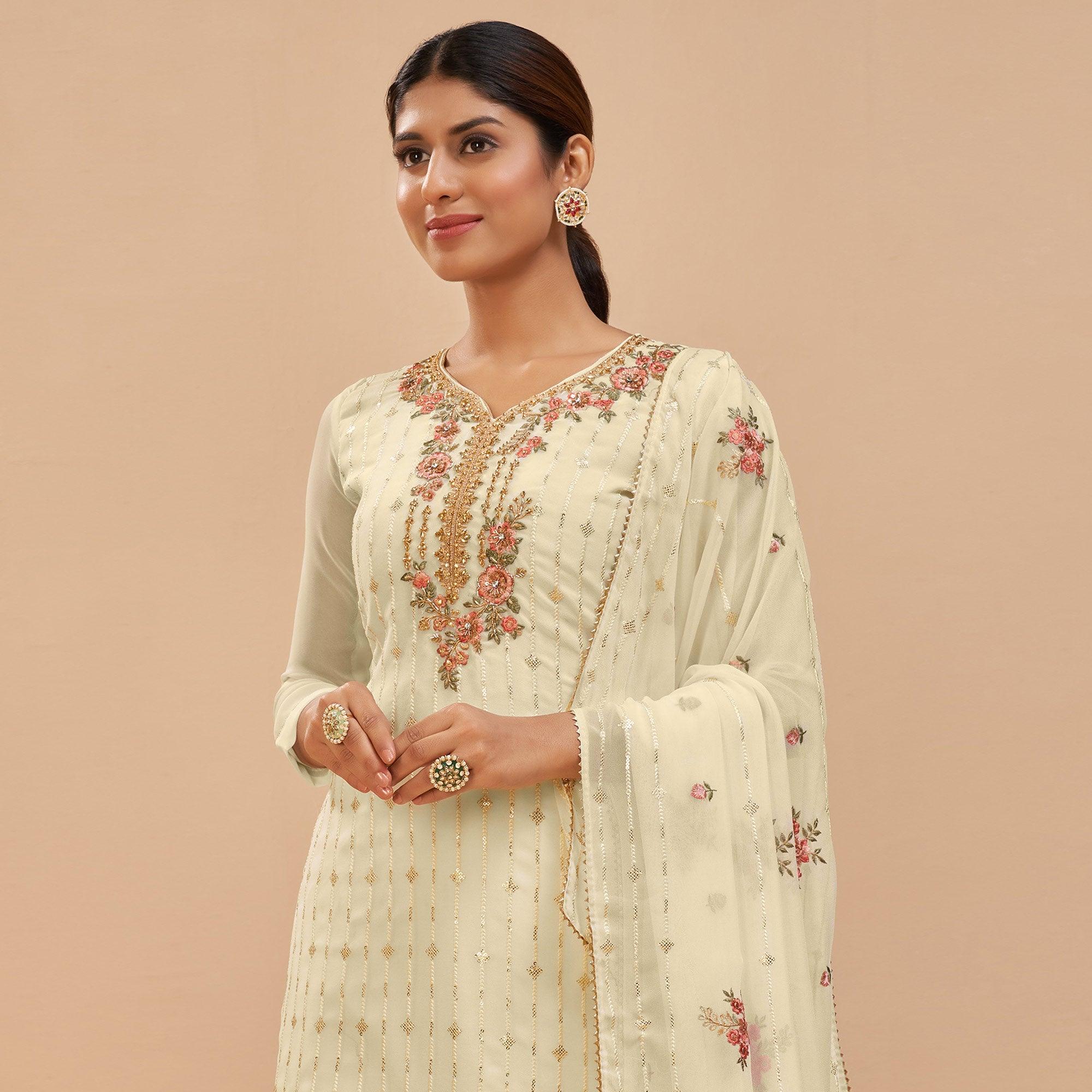 Peachmode Lemon Yellow Party Wear Embroidered Georgette Suit - view 3