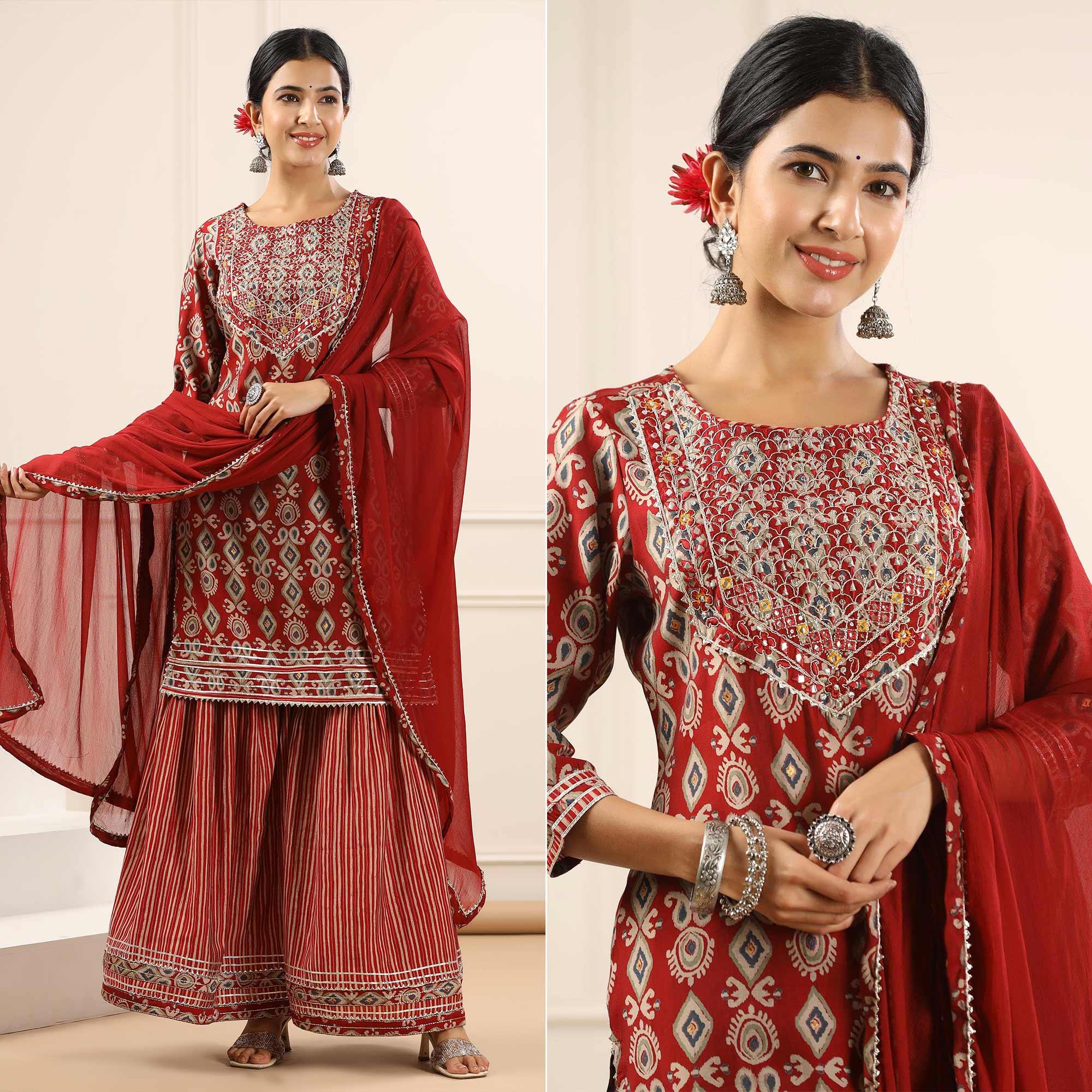 Peachmode Maroon Printed With Gota Work Muslin Sharara Suit