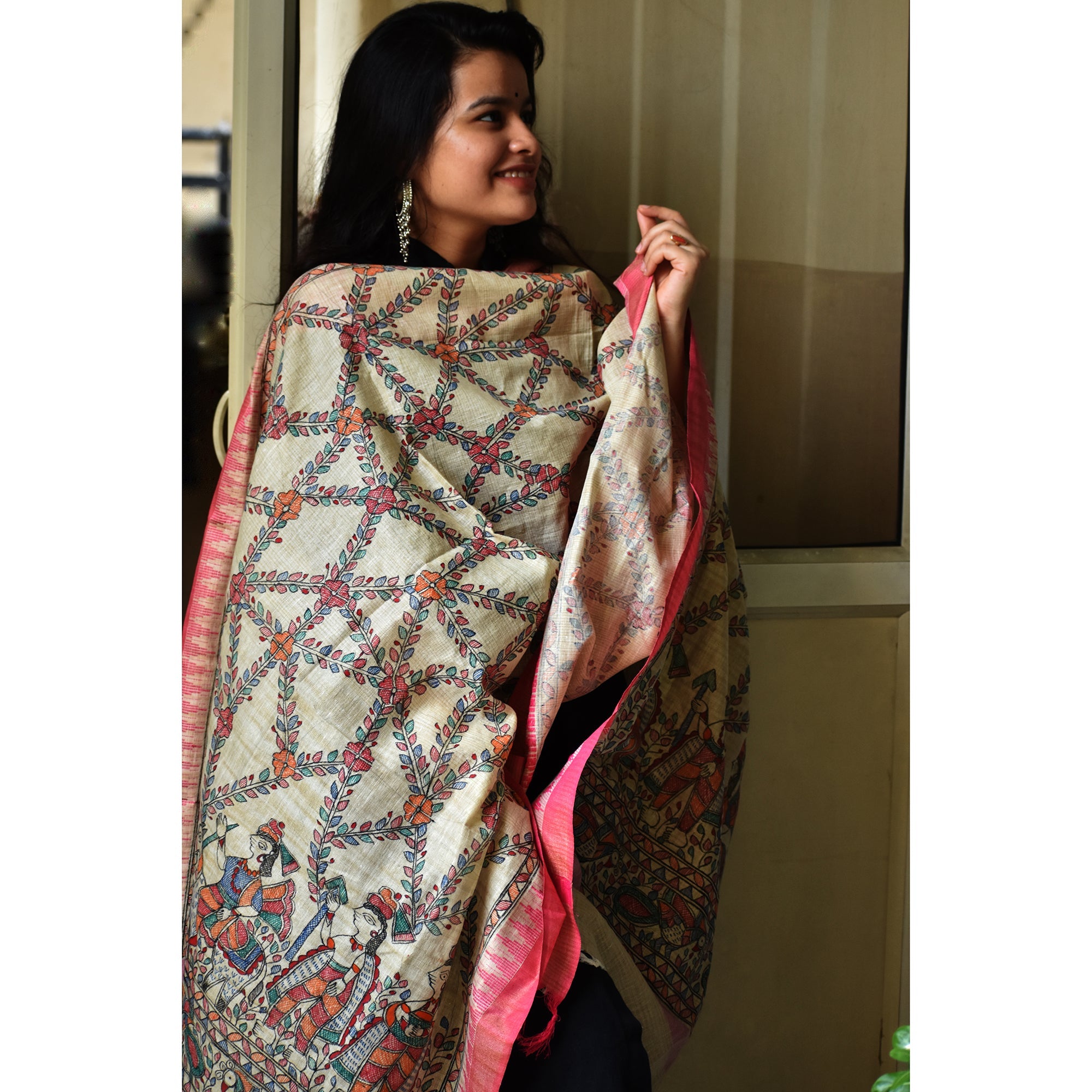 DIORAMA DESIGNS Beige - Madhubani Hand-Painted Cotton Dupatta - view 2