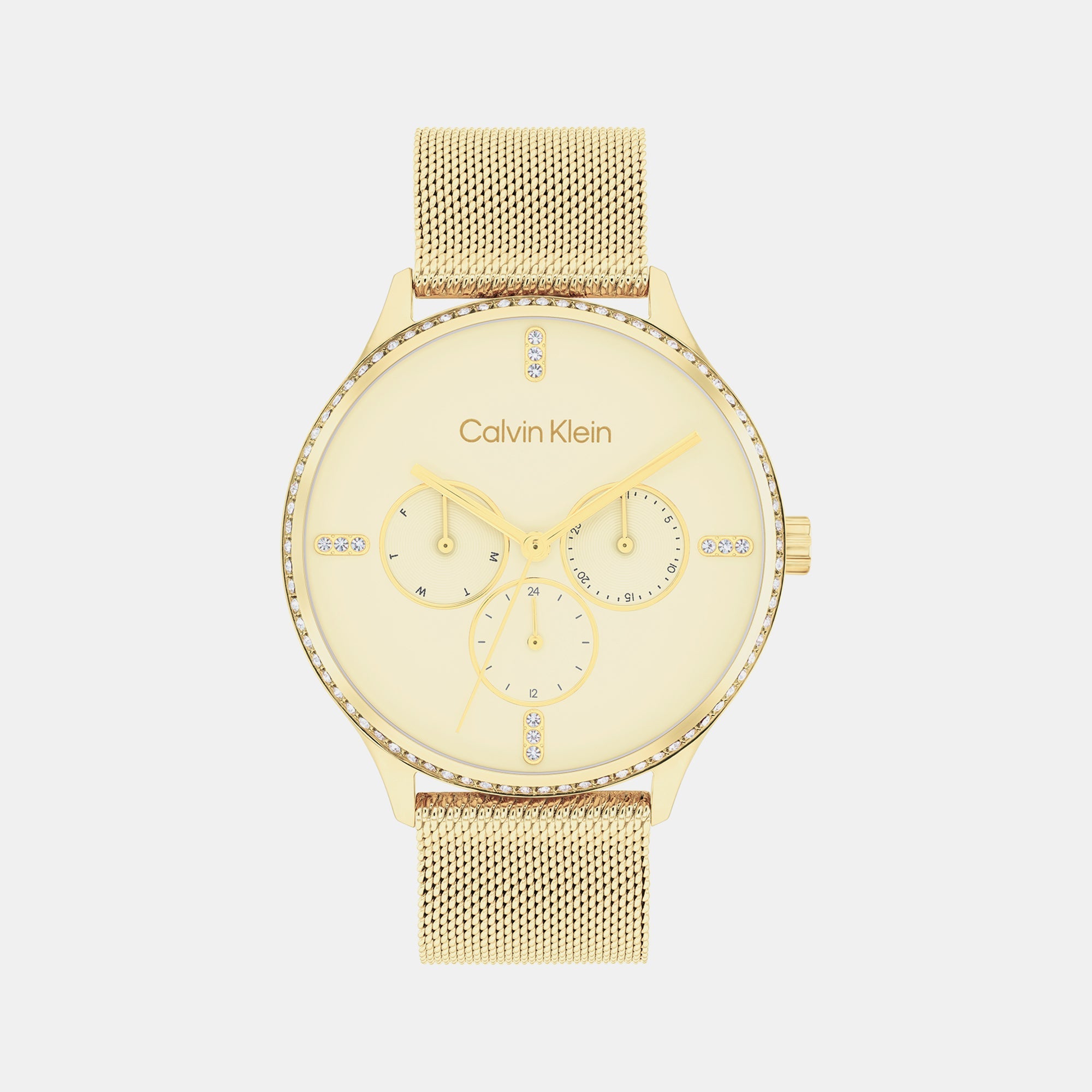 Calvin Klein Ck Dress Women Quartz Gold Dial Multi-Function Mesh Watch 25200372