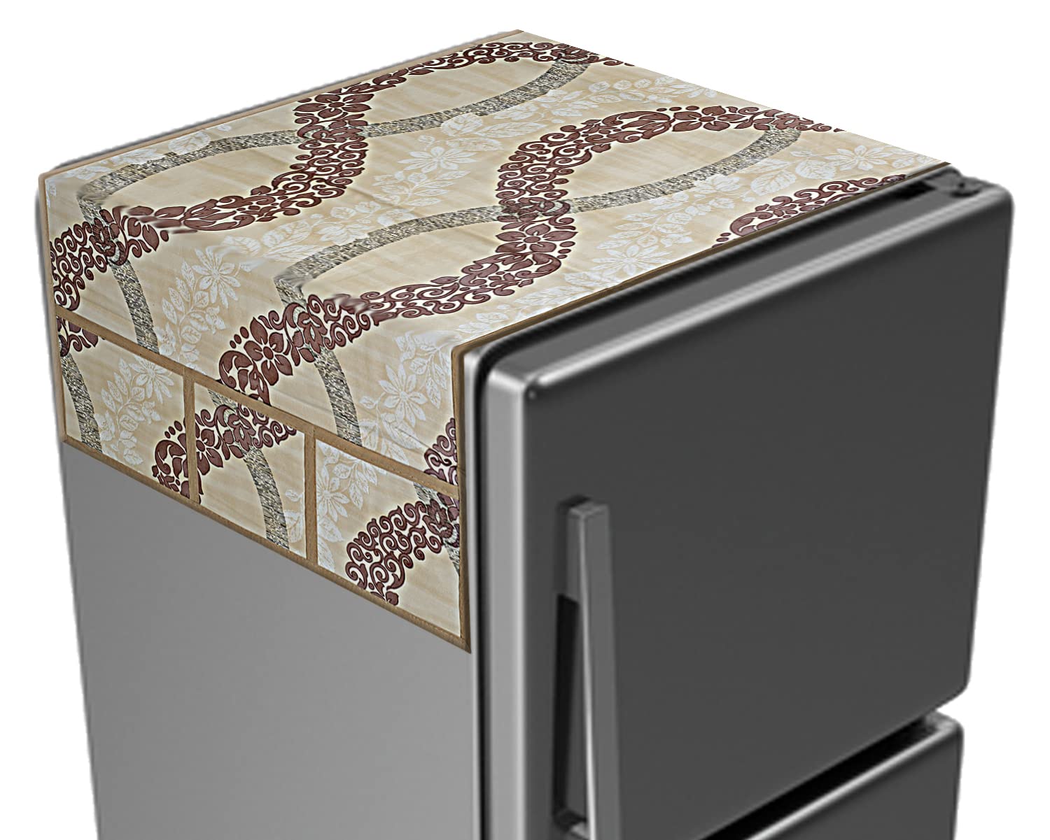 Kuber Industries Leaf Print PVC Fridge Top Cover, Protect for Scratches with 6 Utility Side Pockets (Cream) - view 4