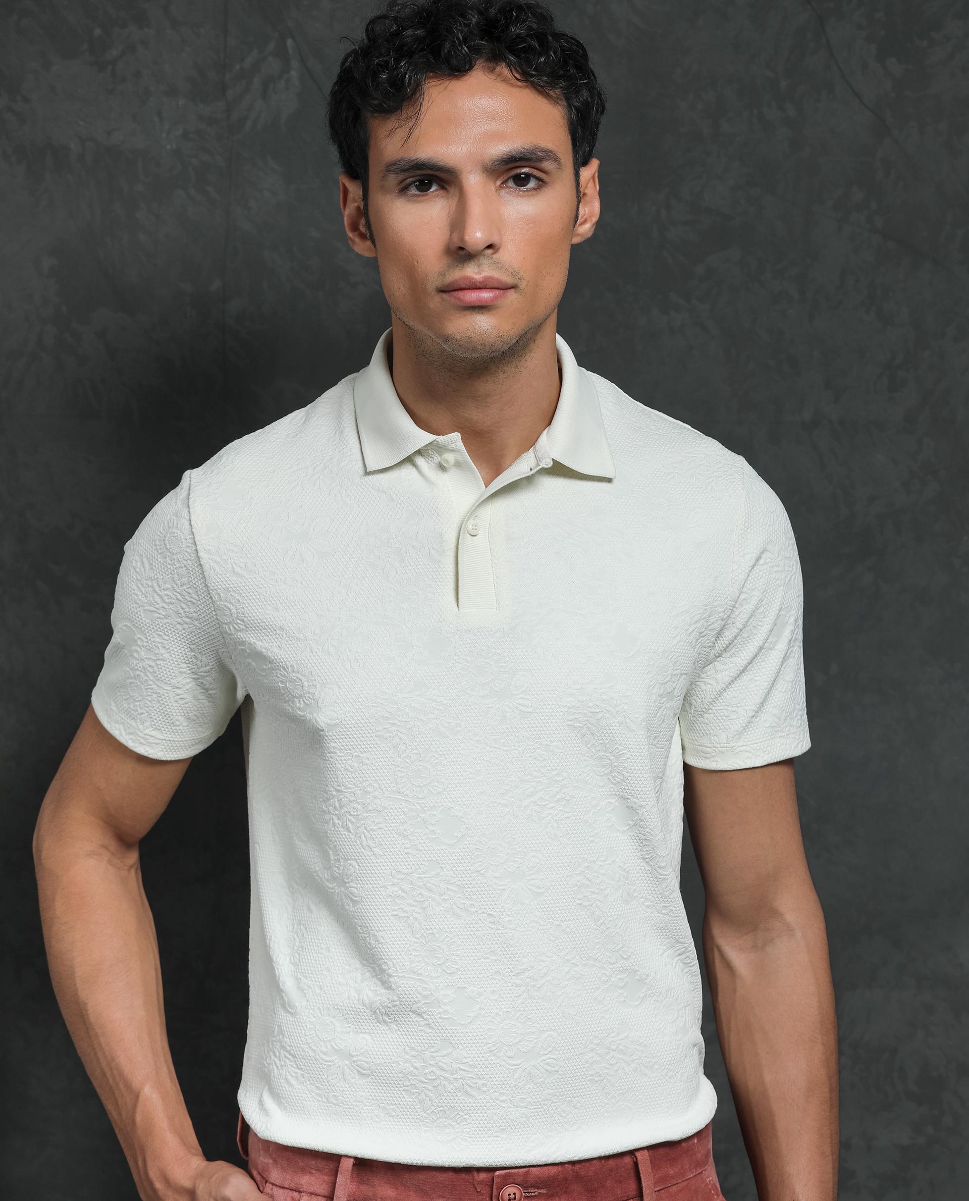 Rare Rabbit Men's Criuse Off-White Polyester Fabric Collared Neck Half Sleeve Floral Jacquard Polo T-Shirt - view 6