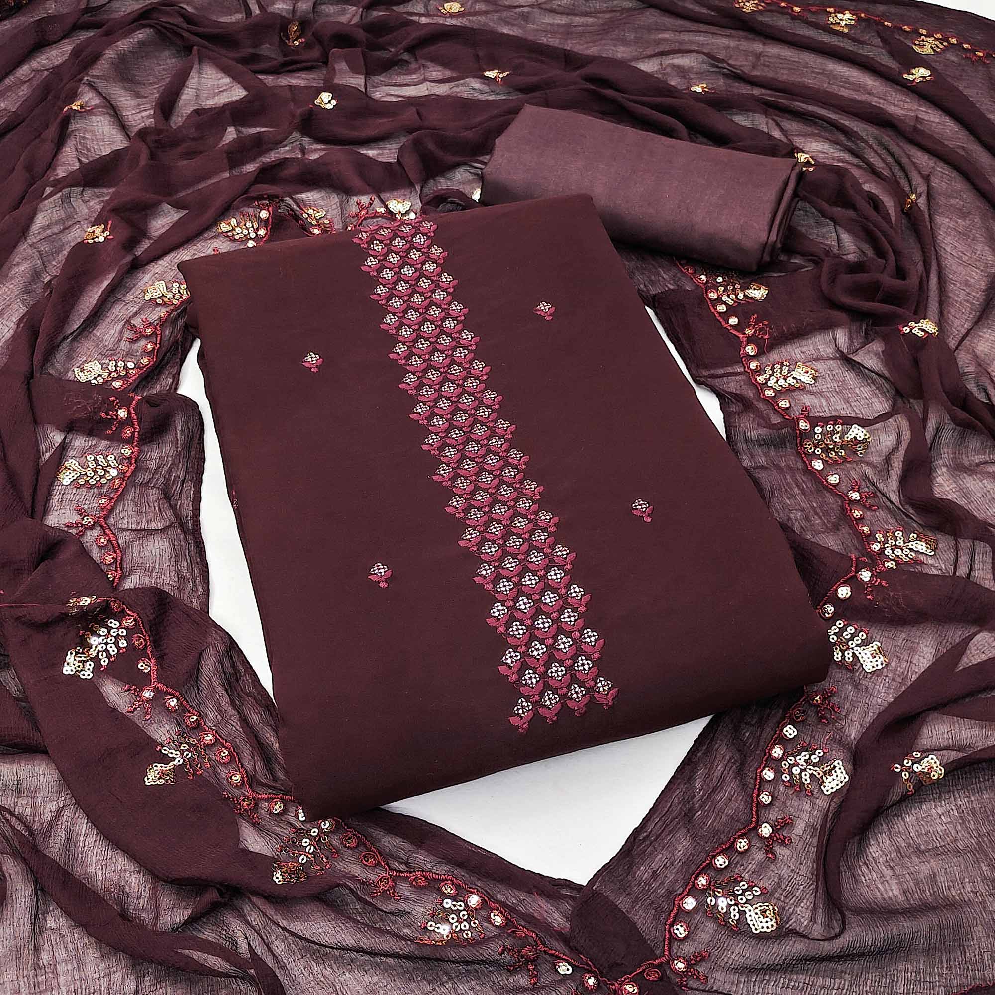 Peachmode Maroon Floral Sequins Embroidered Georgette Dress Material
