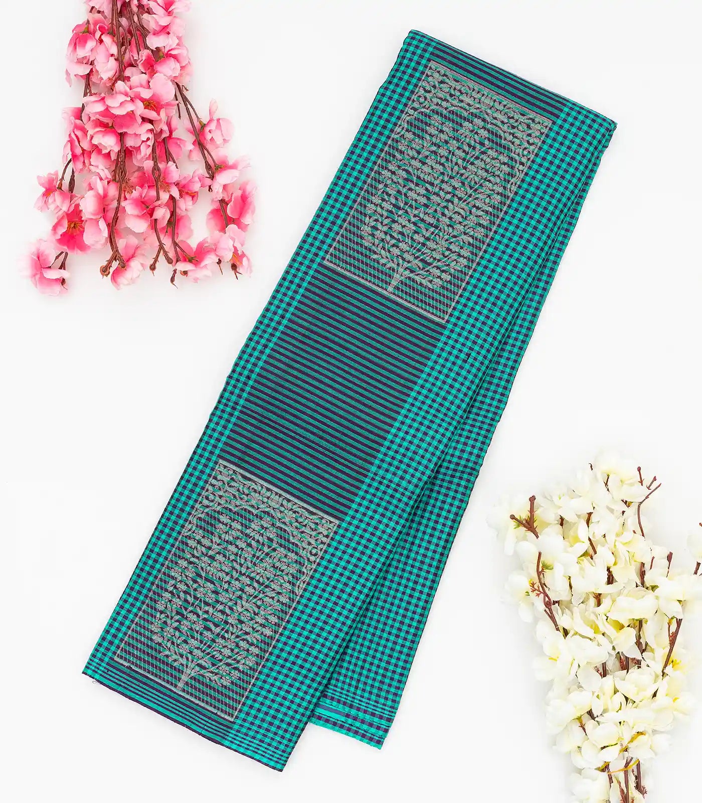 RmKV Blue Handloom Soft Silk Saree With Checks & Buttas