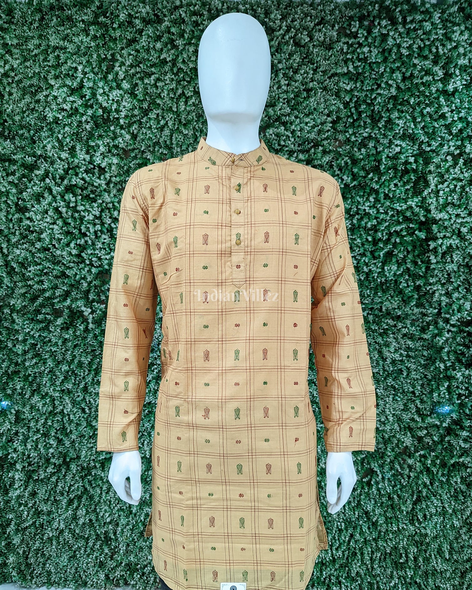 IndianVillèz Camel Fish Butta Motif Bomkai Odisha Ikat Cotton Long Kurta For Men