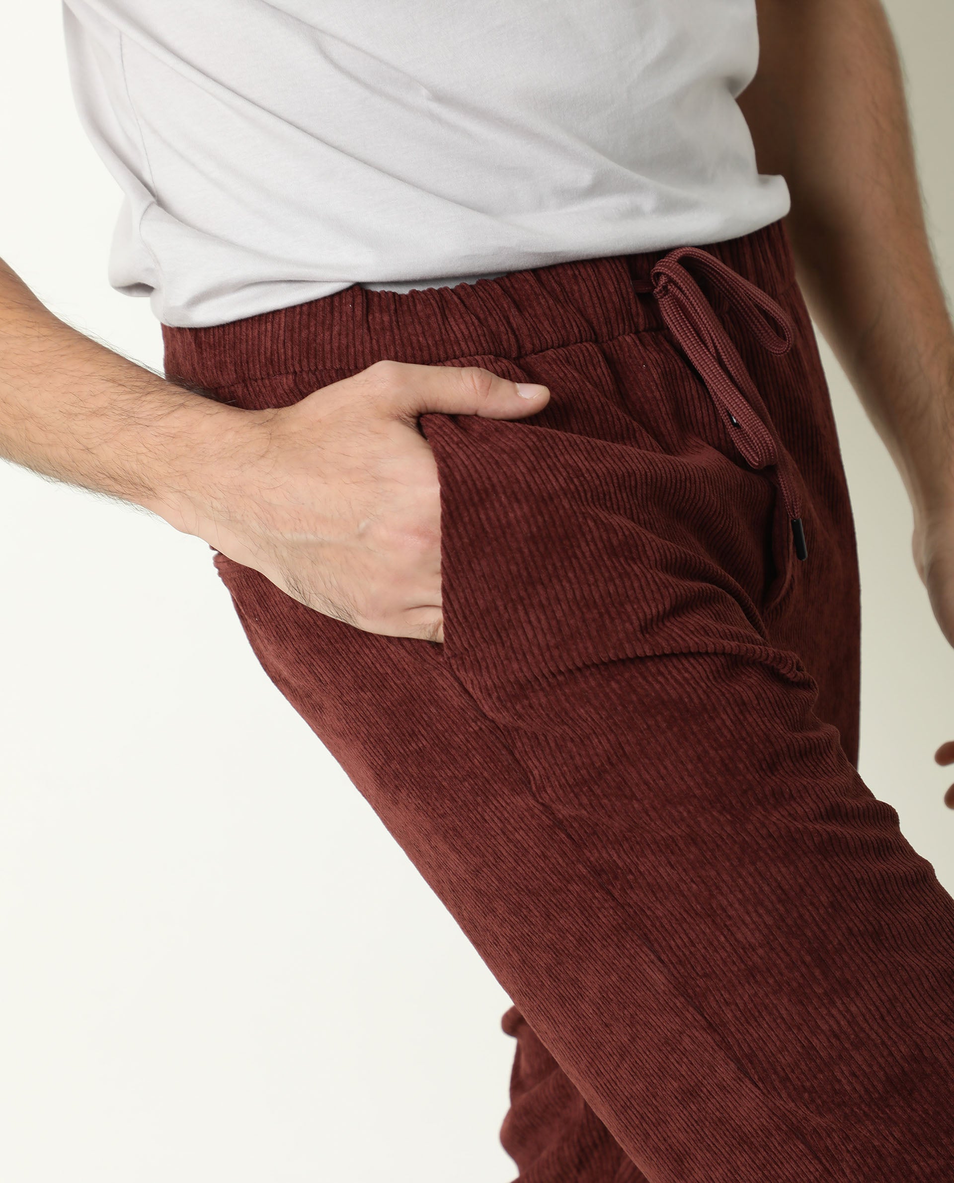 Rare Rabbit Men's Acro Dark Maroon Polyester Fabric Drawstring Corduroy Joggers Trousers - view 3