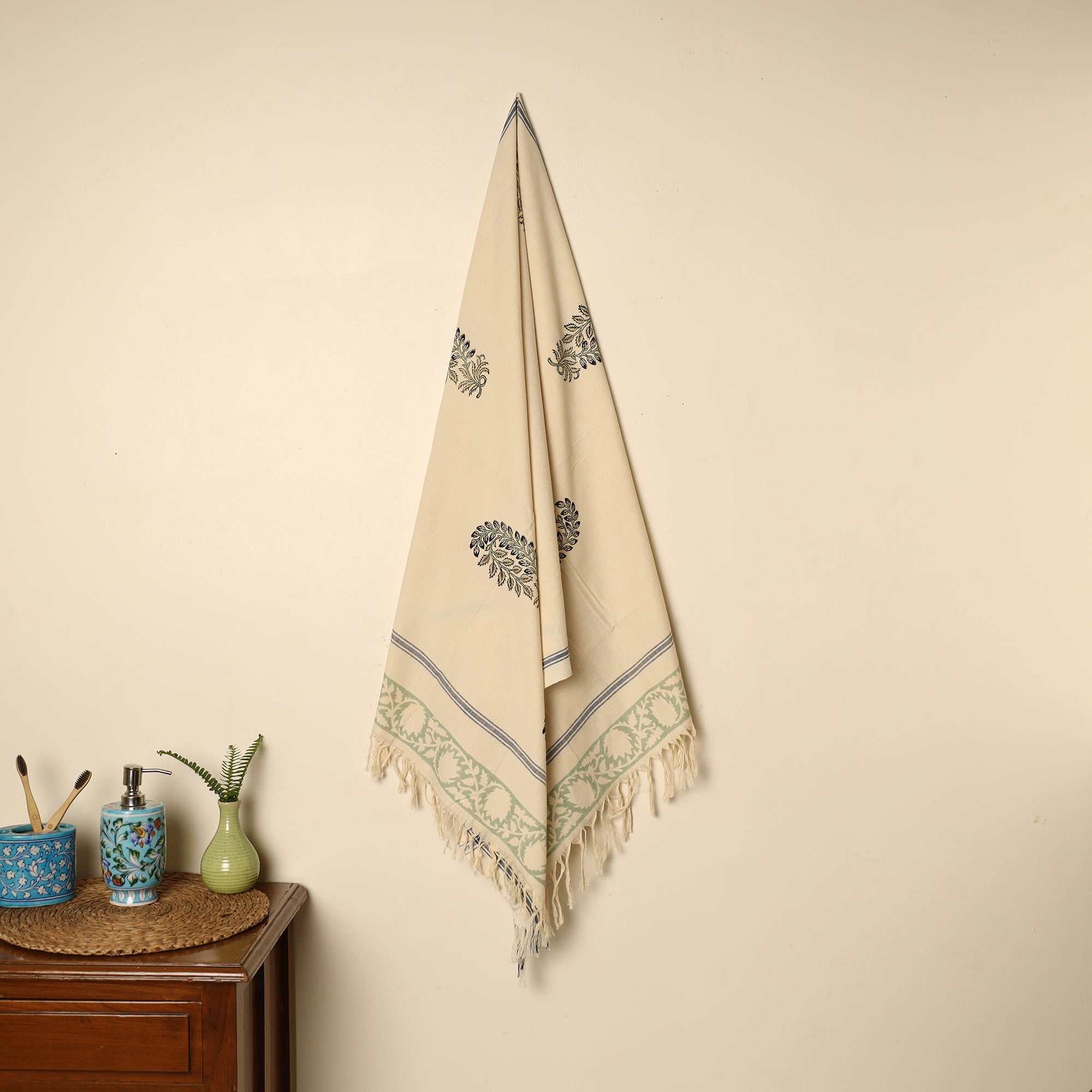 ARTISAN HAND BLOCK PRINTS Beige - Block Printed Handloom Cotton Sanganeri Towel 15