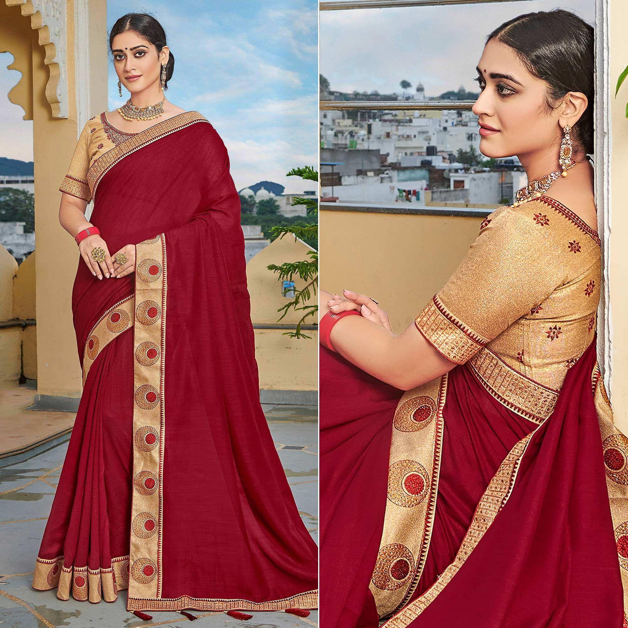Peachmode Maroon Solid-Embroidered Border Vichitra Silk Saree With Tassels