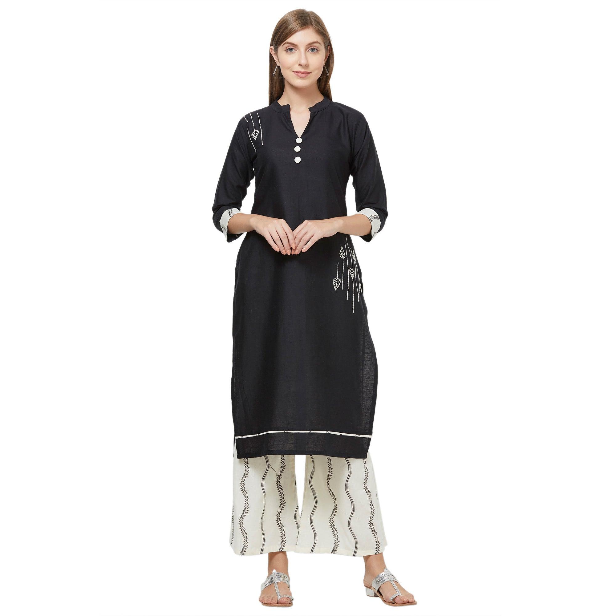 Peachmode Captivating Black Colored Casual Embroidered Cotton Kurti-Palazzo Set