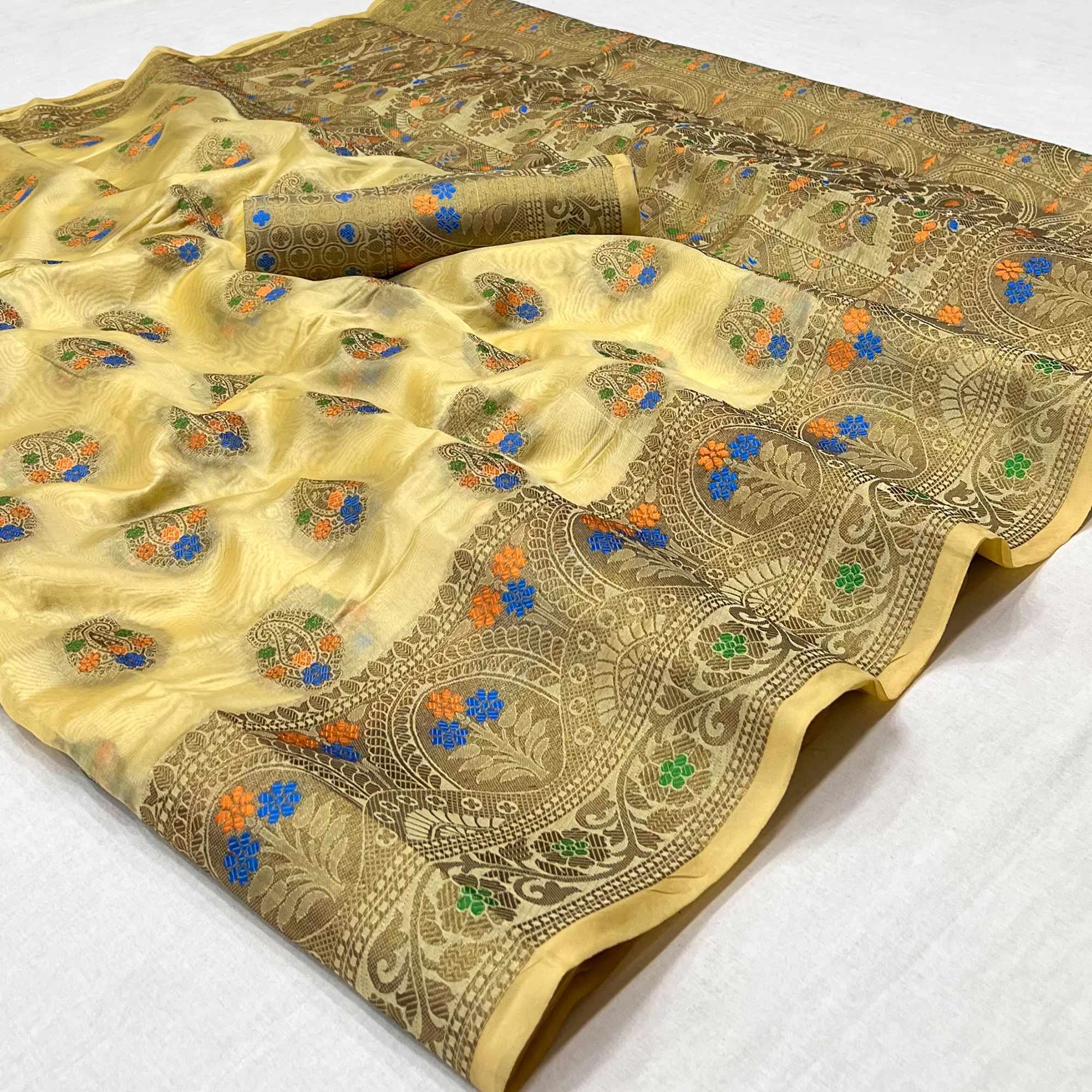 Peachmode Chikoo Woven Organza Saree – Women's