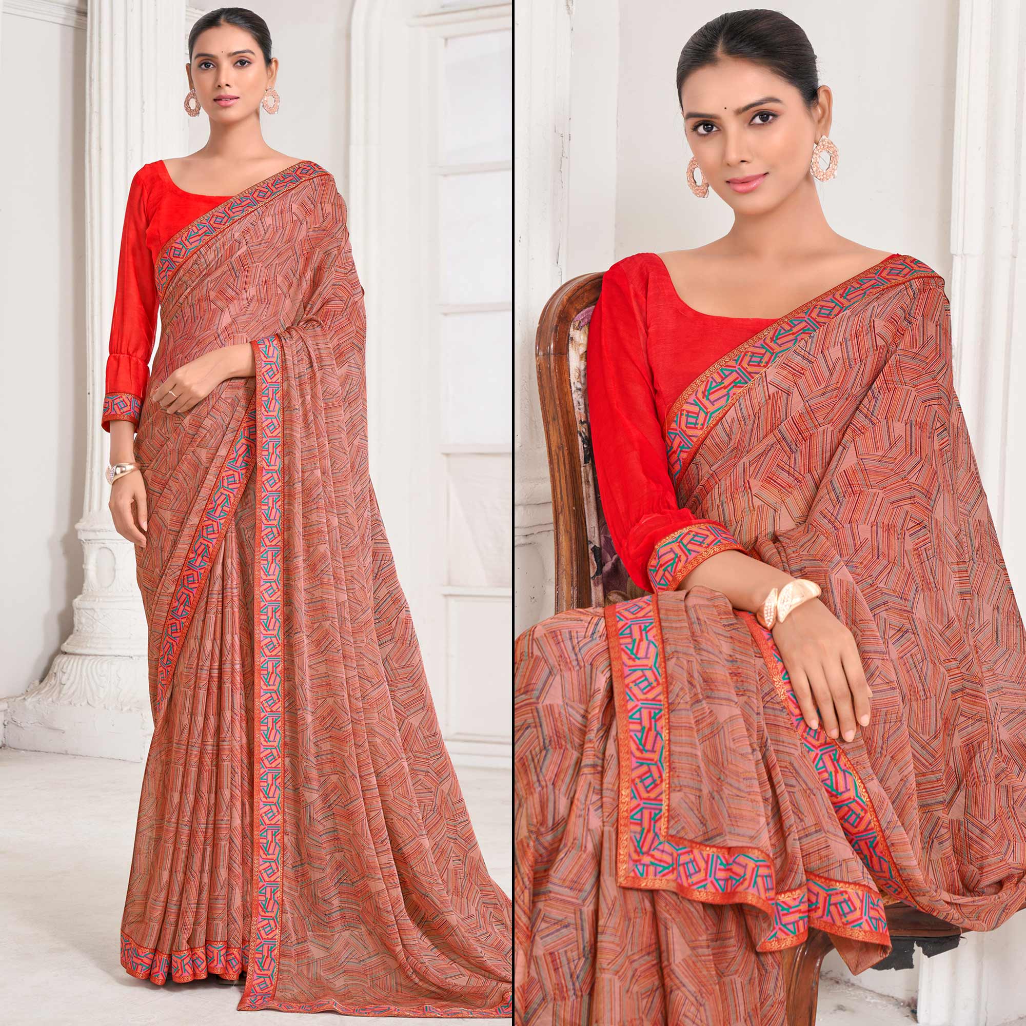 Peachmode Brick Red Geometric Printed Chiffon Saree With Lace Border