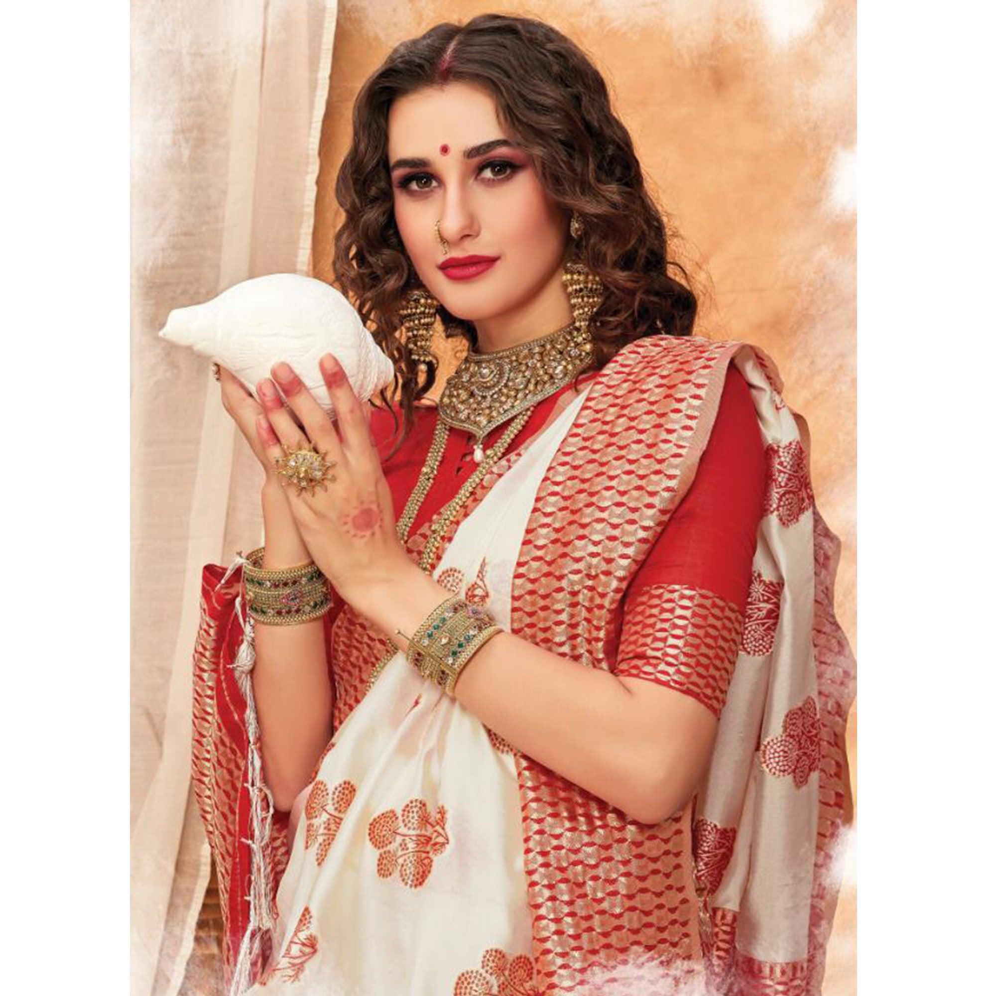 Peachmode Mesmeric Cream & Red Colored Festive Wear Woven Silk Blend Saree With Tassels - view 2