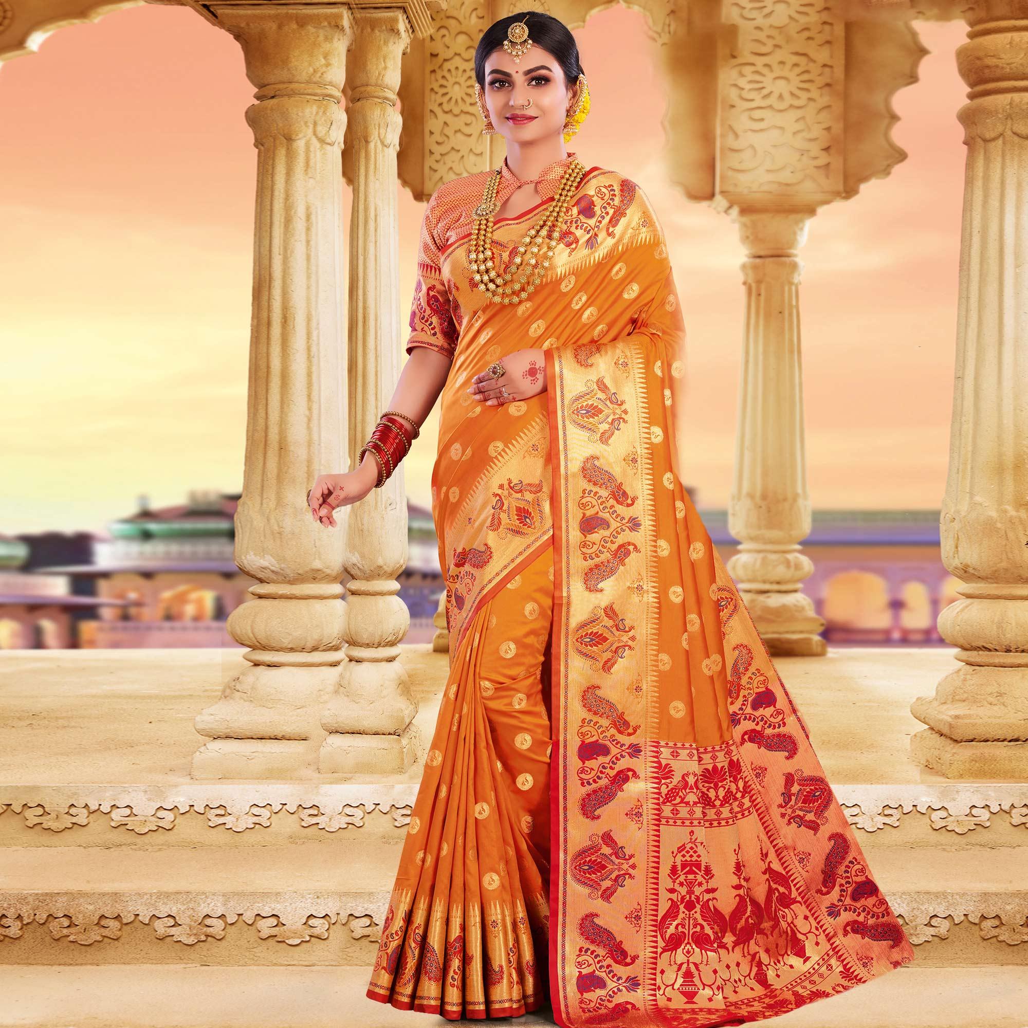 Peachmode Exclusive Orange Colored Festive Wear Woven Silk Saree