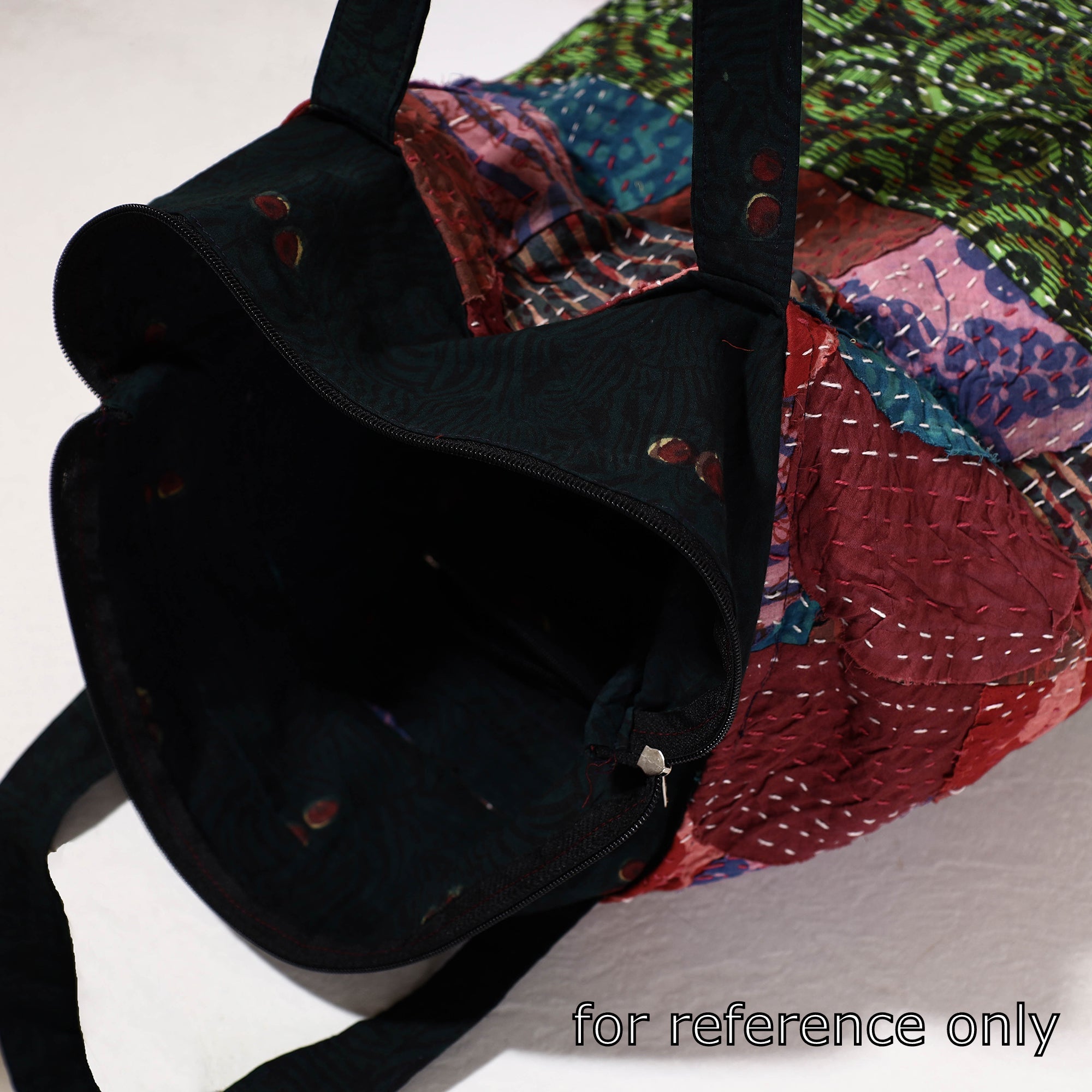 ARTISAN HAND BLOCK PRINTS Black - Kantha Work Block Print Cotton Shopping Bag - view 3