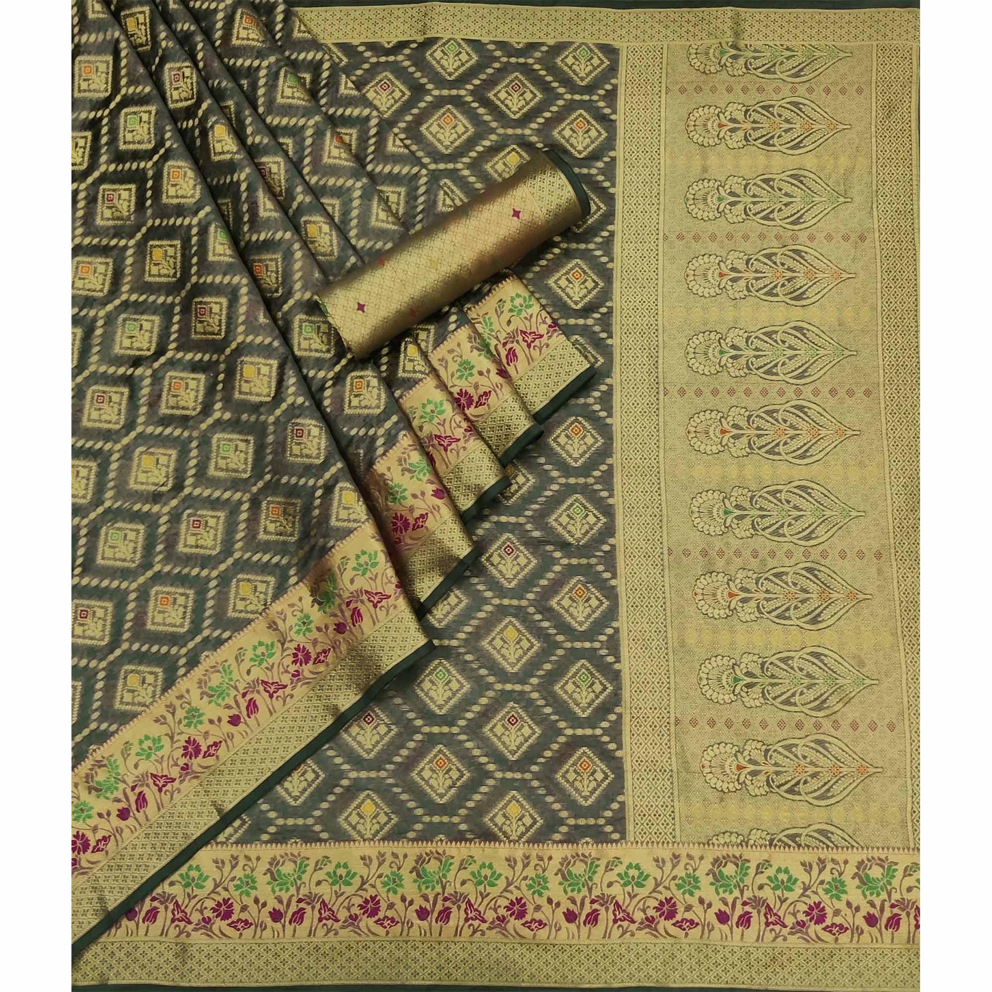 Peachmode Grey Woven Organza Saree – Women's - view 3