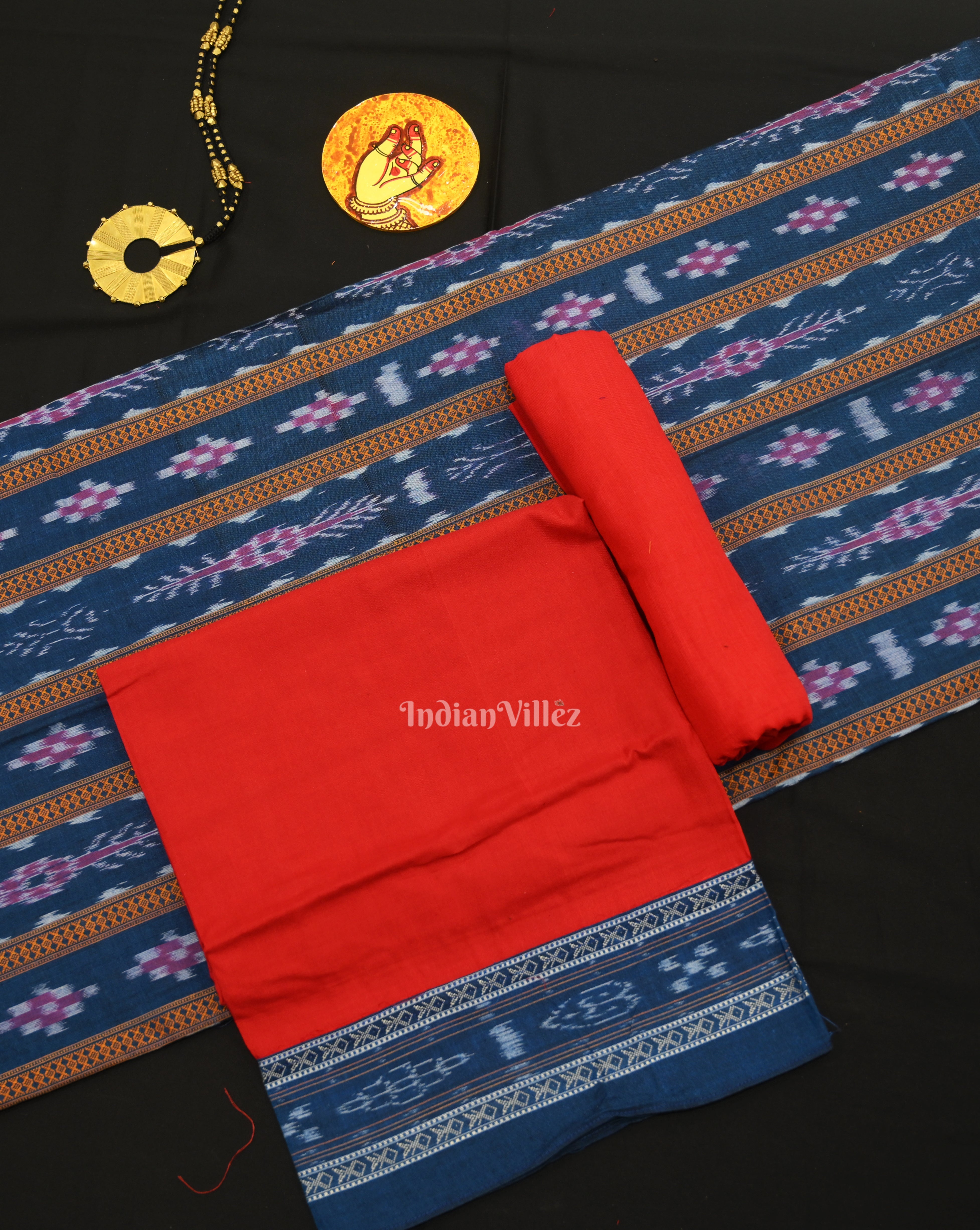 IndianVillèz Blue Red Pasapali Sambalpuri Cotton Dress set with Dupatta