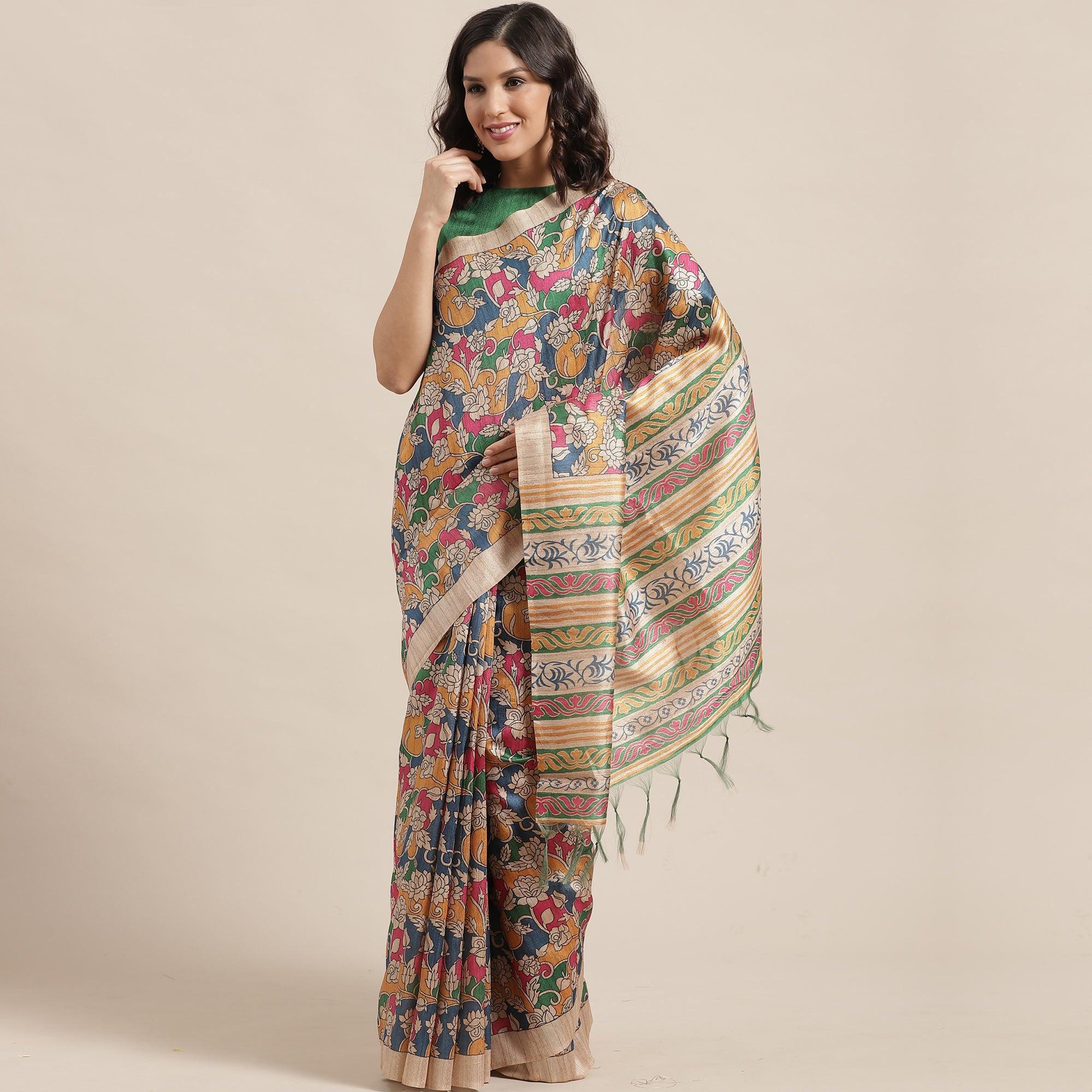 Peachmode Gleaming Beige-Multi Colored Casual Wear Floral Printed Silk Blend Saree With Tassels
