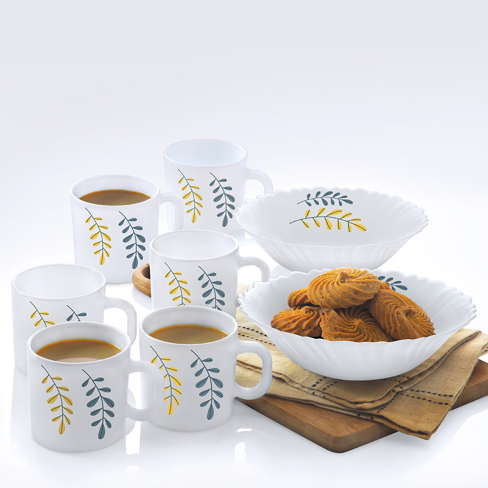 My Borosil Larah by Borosil, Opalware Niva Snack Set With Mugs, White