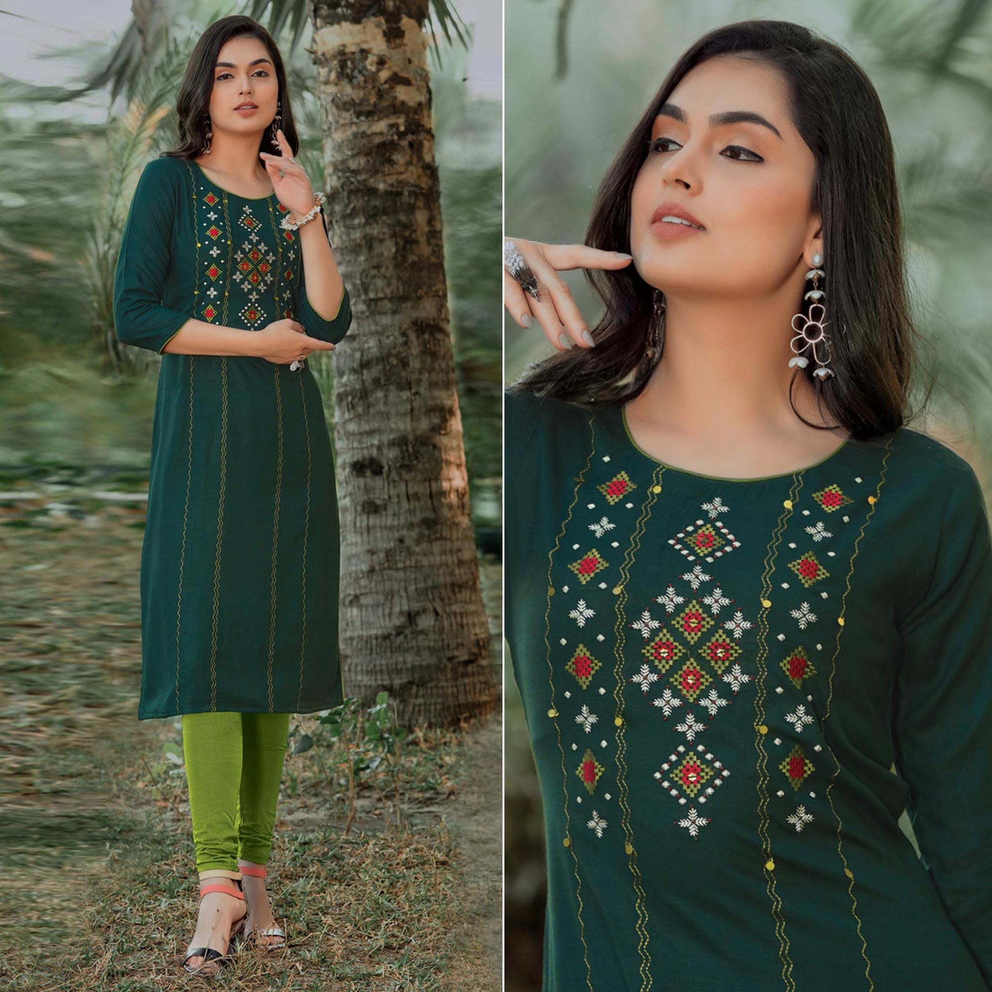 Peachmode Seller Bottle Green Embroidered Pure Cotton Kurti