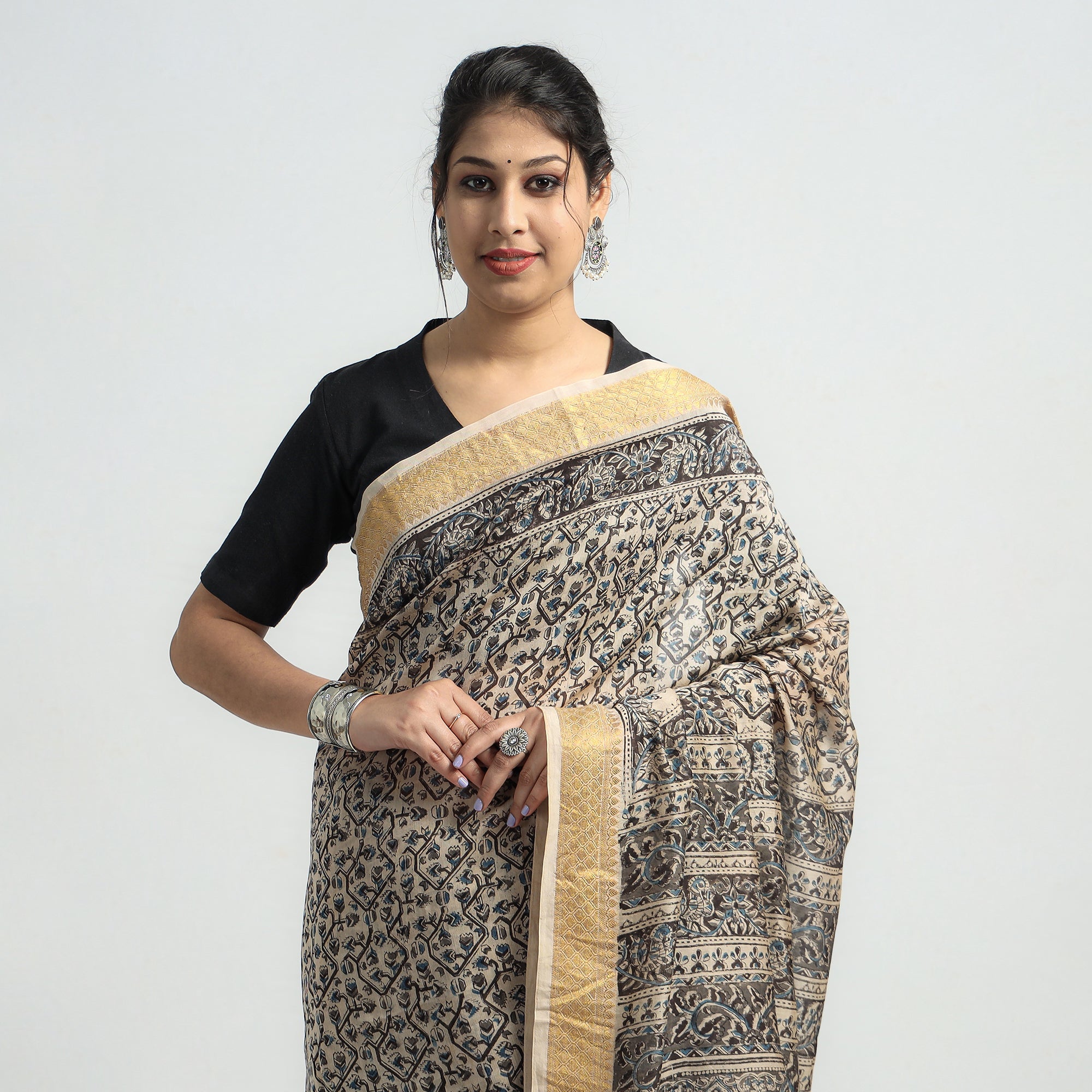 VENKATA BHANU KALAMKARI PEDANA Black - Original Pedana Kalamkari Block Print Silk Saree - view 3