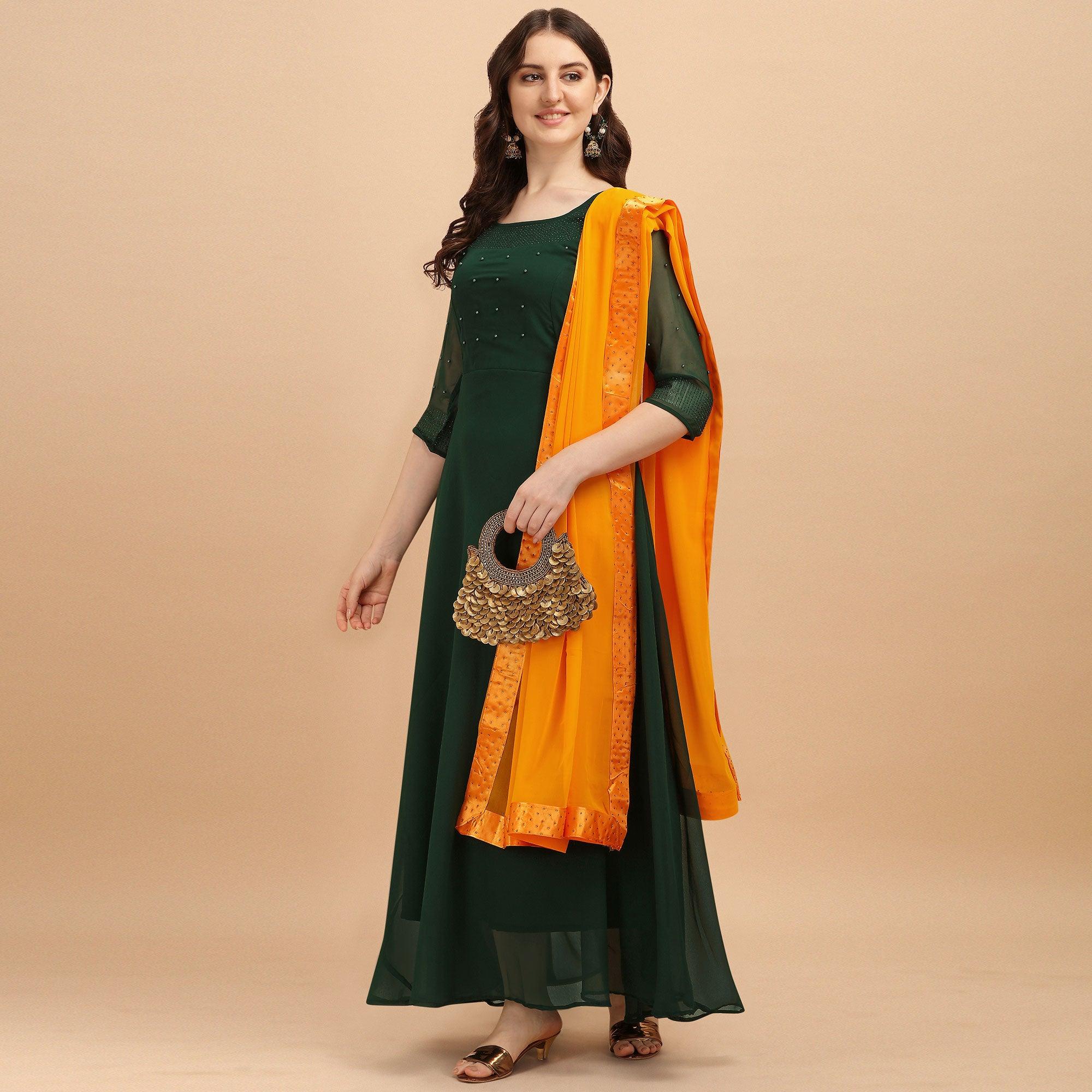 Peachmode Seller Bottle Green Festive Wear Designer Diamond Work Georgette Long Kurti With Duppata - view 2