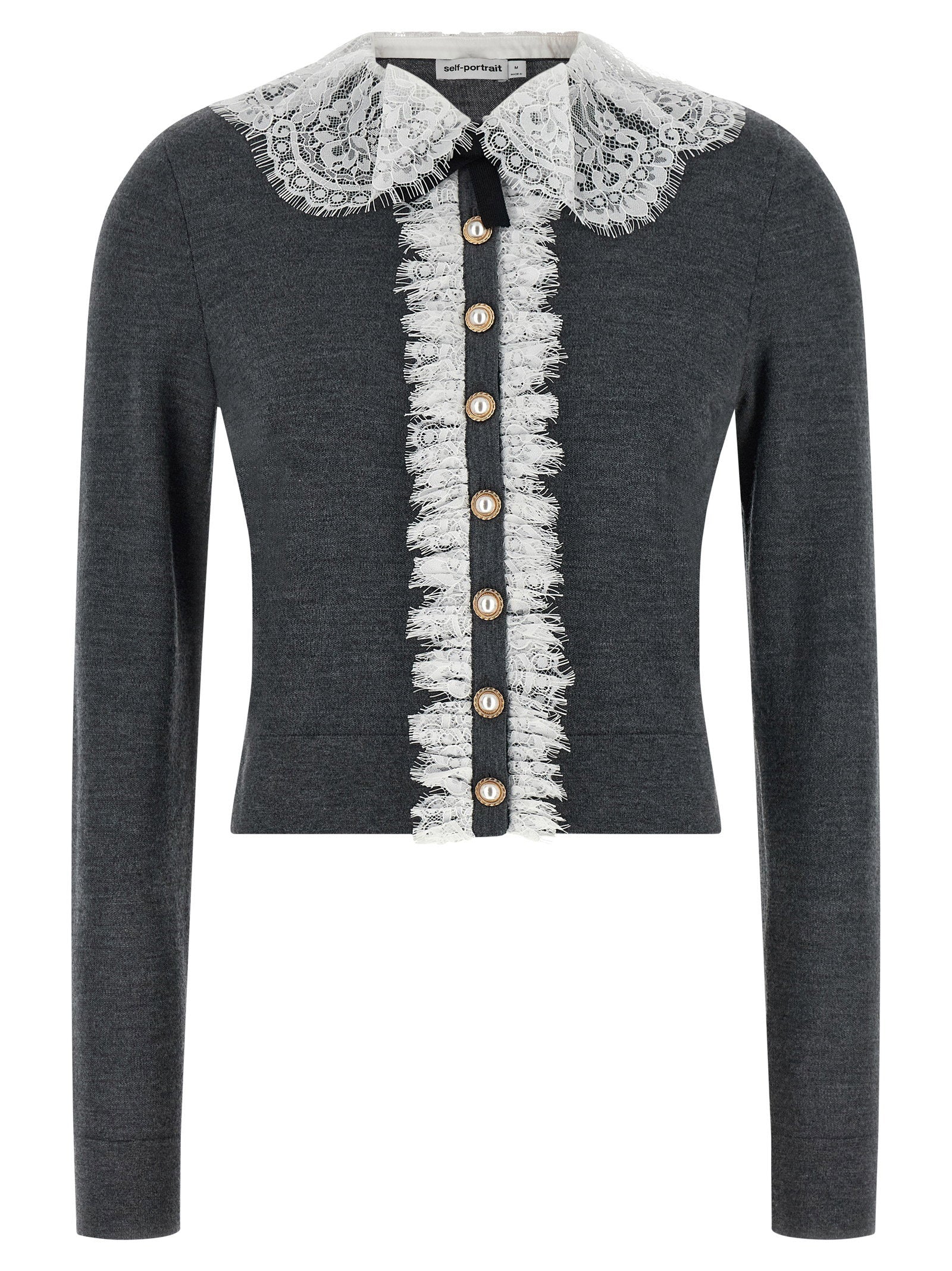 Self-Portrait Grey Lace Collar Knit Cardigan – 100% wool