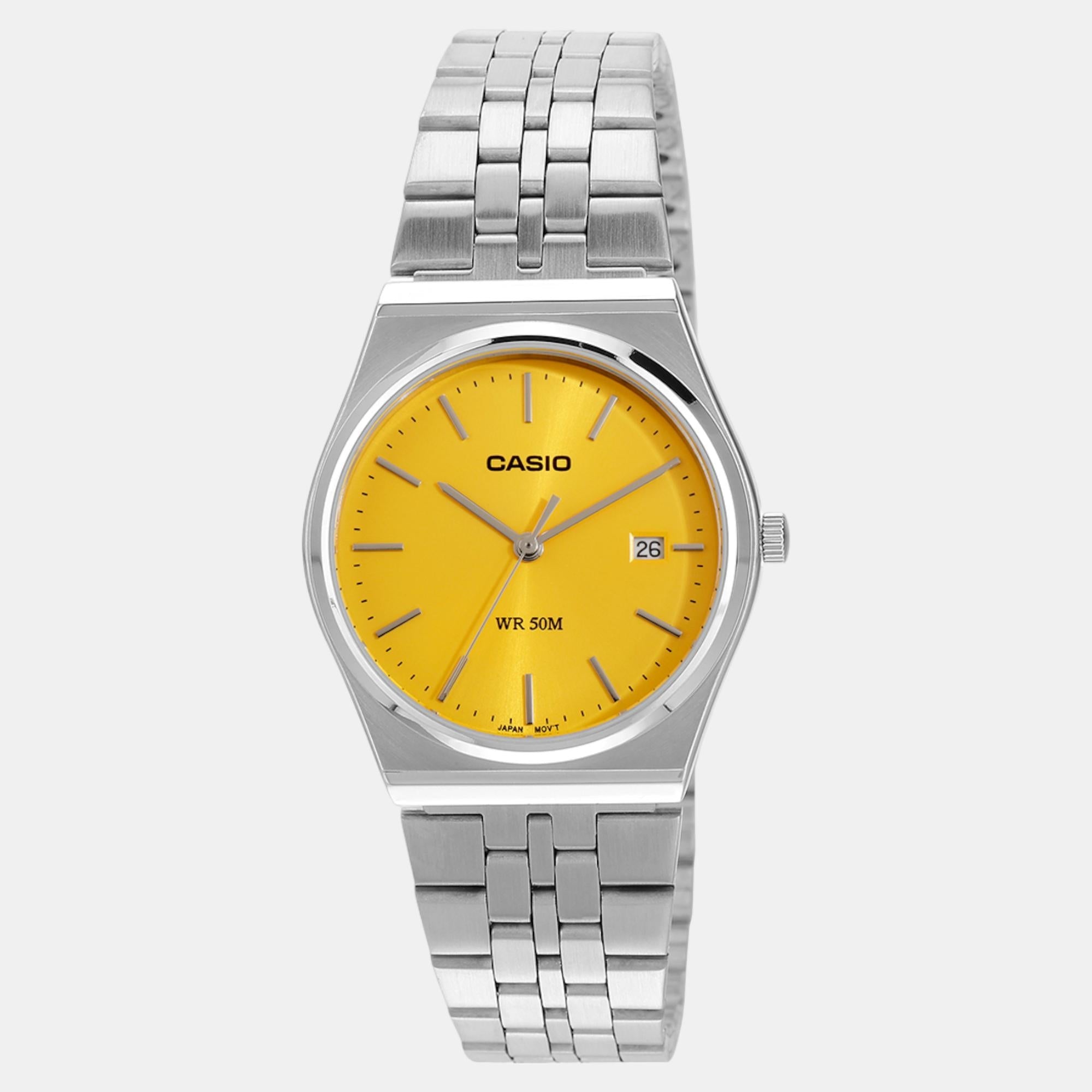 Casio Enticer Men Quartz Yellow Dial Analog Stainless Steel Watch A2238