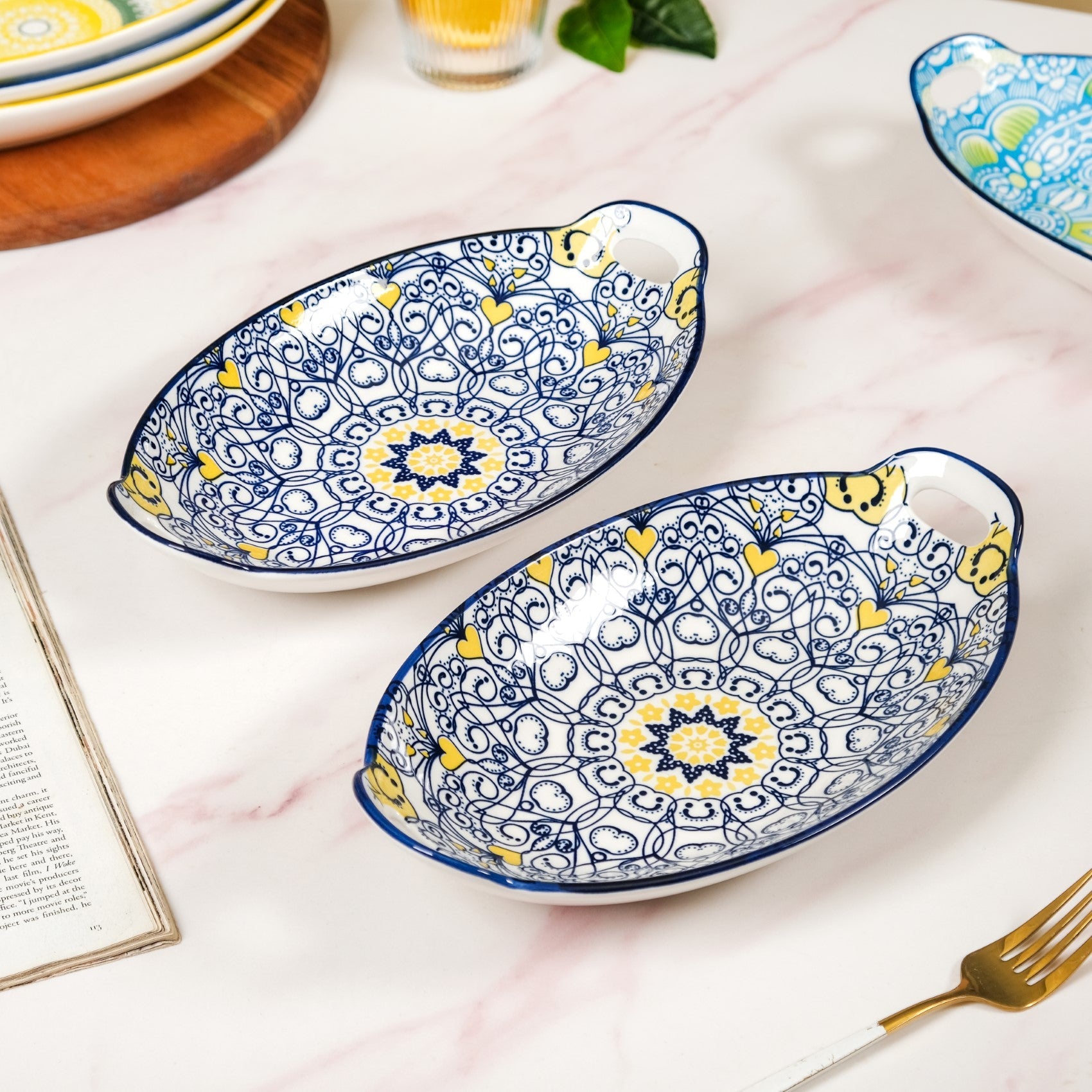 Nestasia Vibrant Mandala Platter Yellow And Blue Set Of 2