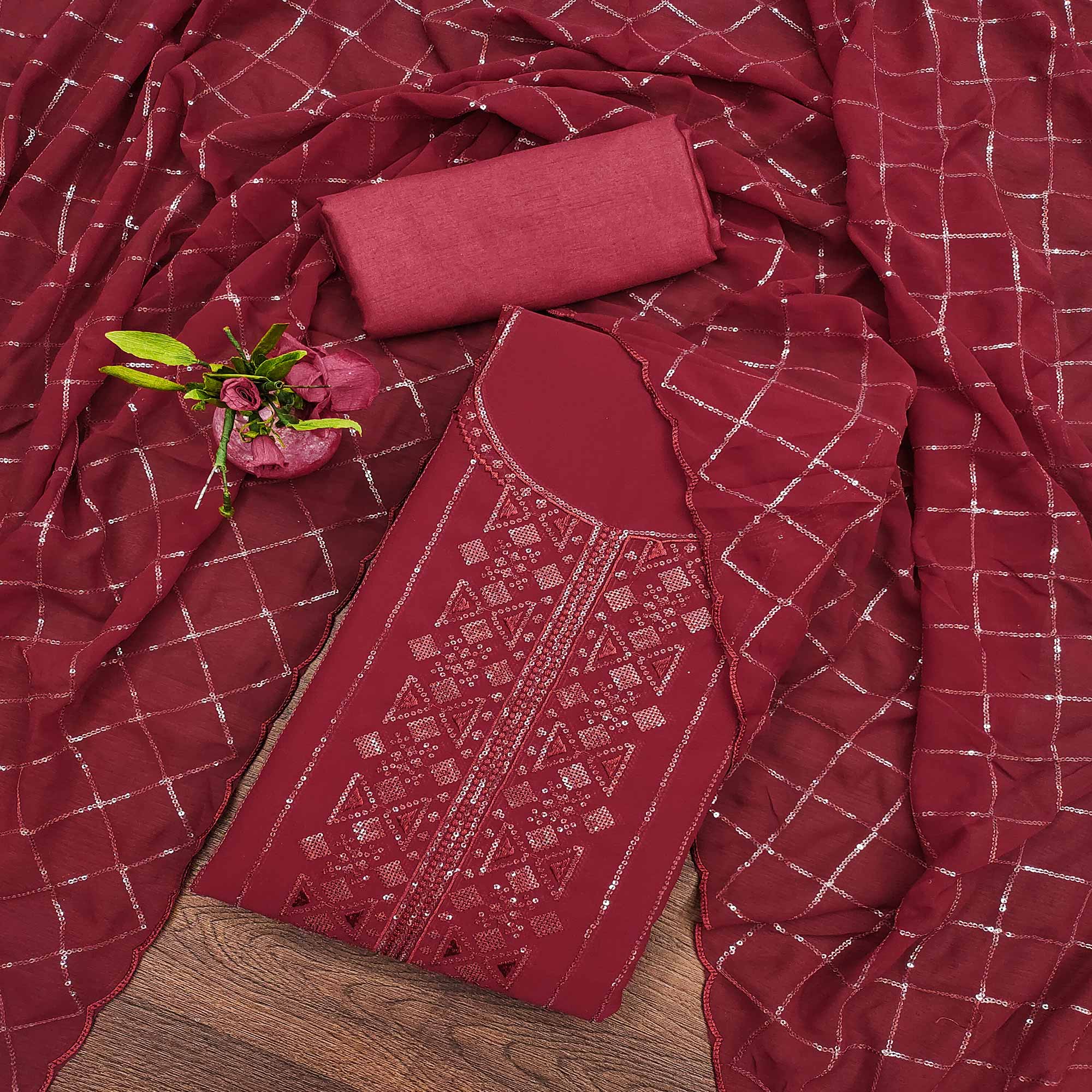Peachmode Maroon Sequins Embroidered Georgette Dress Material