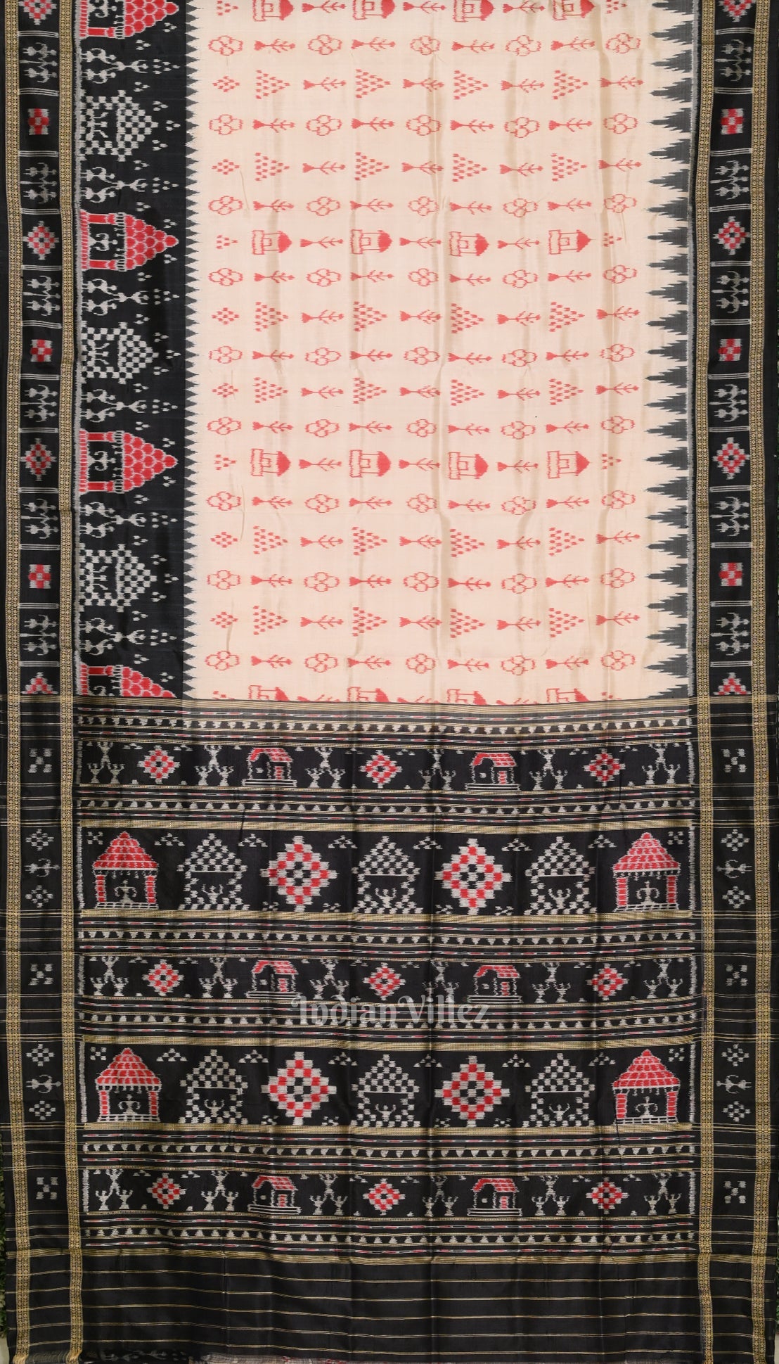 IndianVillèz White Black Tribal Jhoti Theme Odisha Ikat Khandua Silk Saree