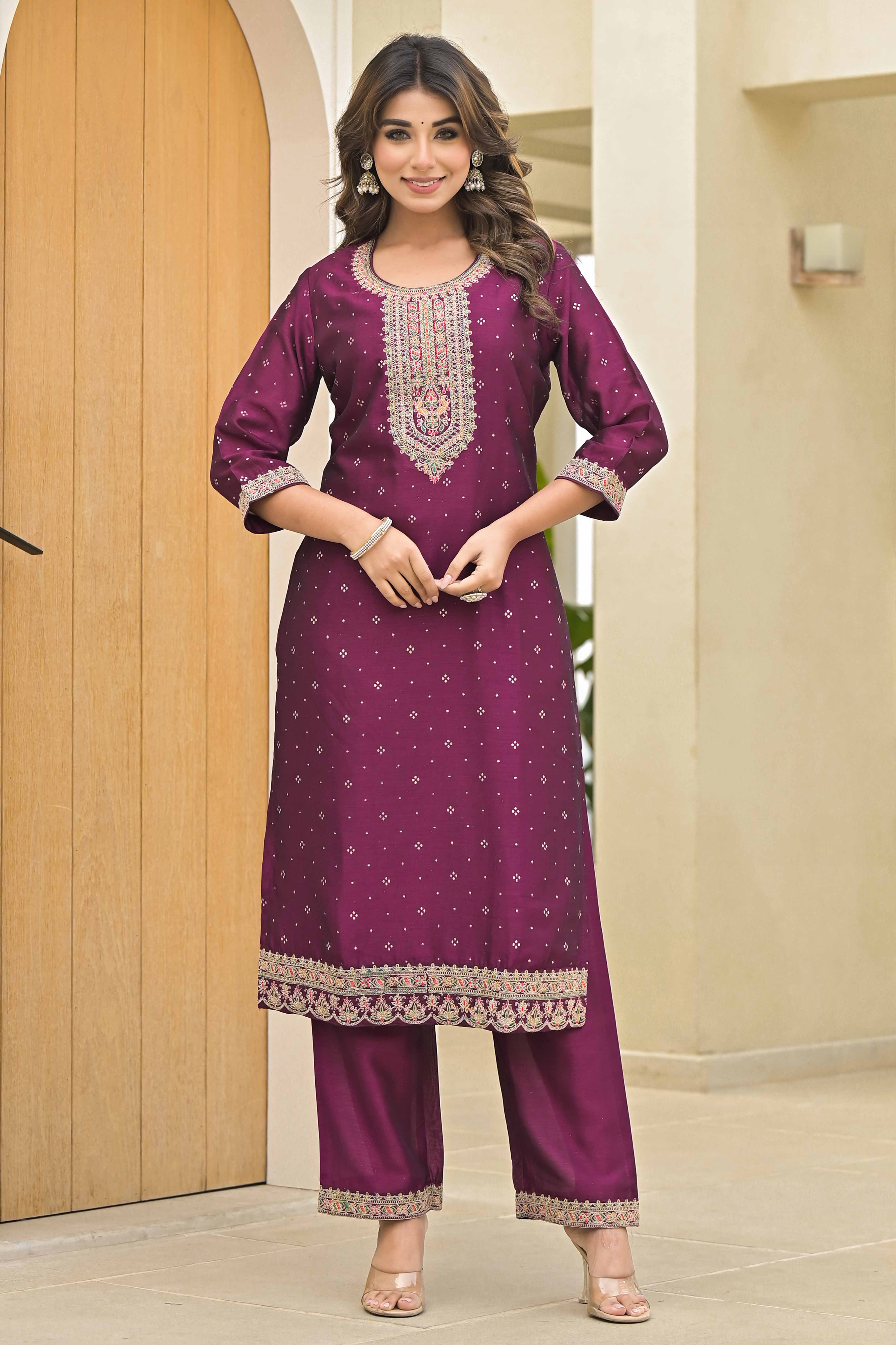 Peachmode Dark Purple Golden Embroidered Vichitra Silk Salwar Suit - view 6