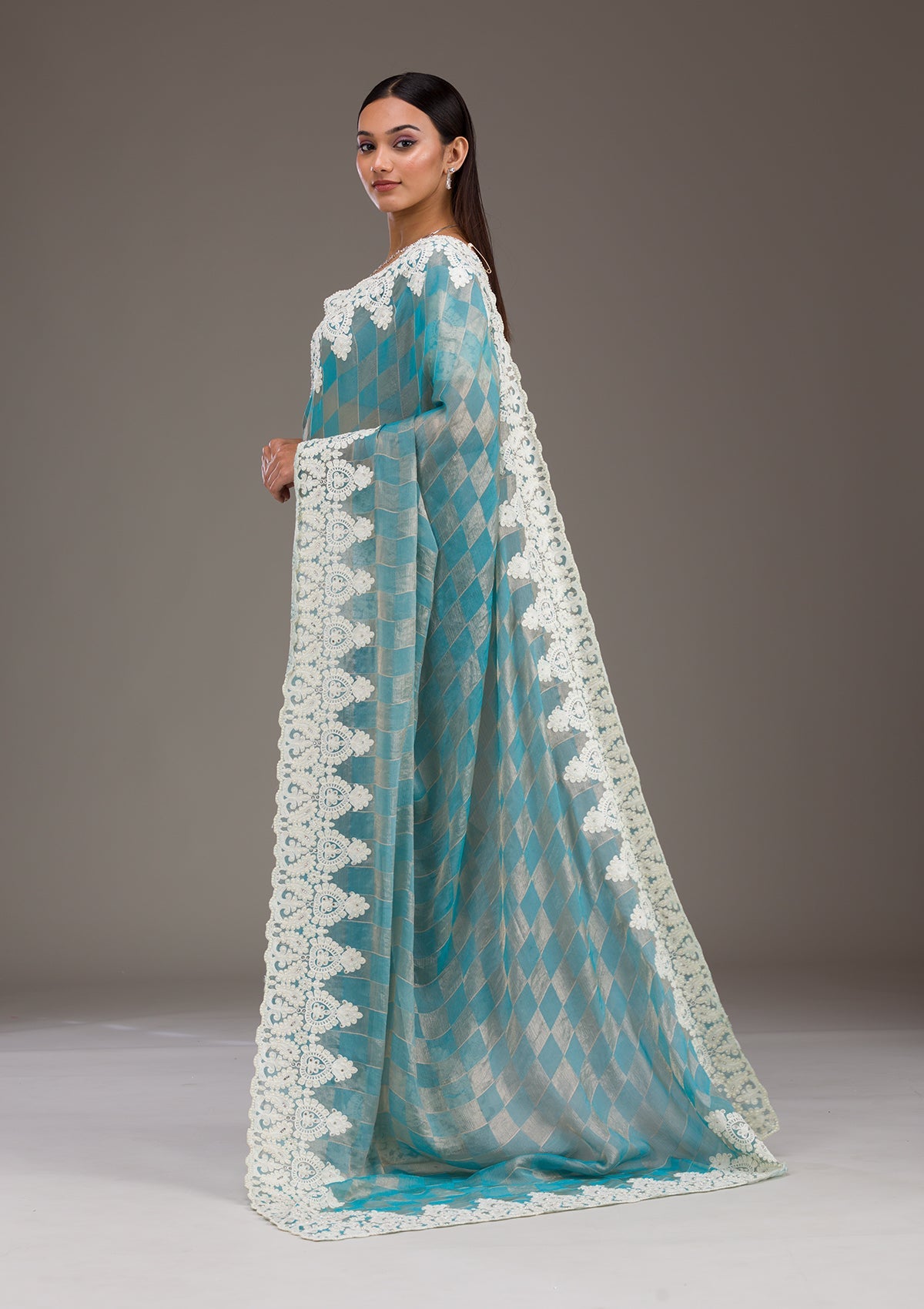 Koskii Turquoise Blue Pearlwork Tissue Saree – Women's - view 4