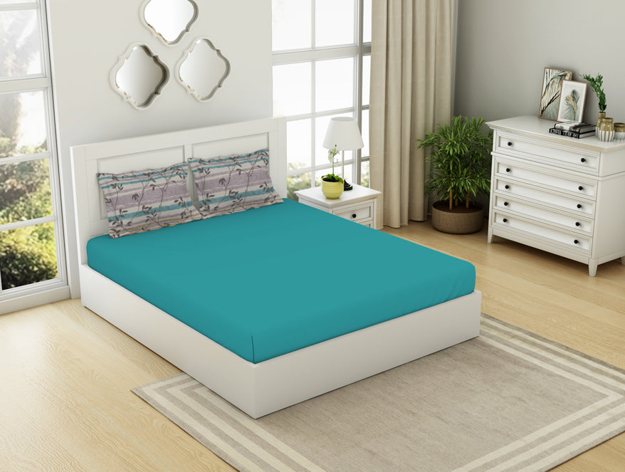 Spaces India Solid Teal/Brintwhte - Teal 100% Cotton King Size Bedsheet - Gypsy By Spaces - view 2