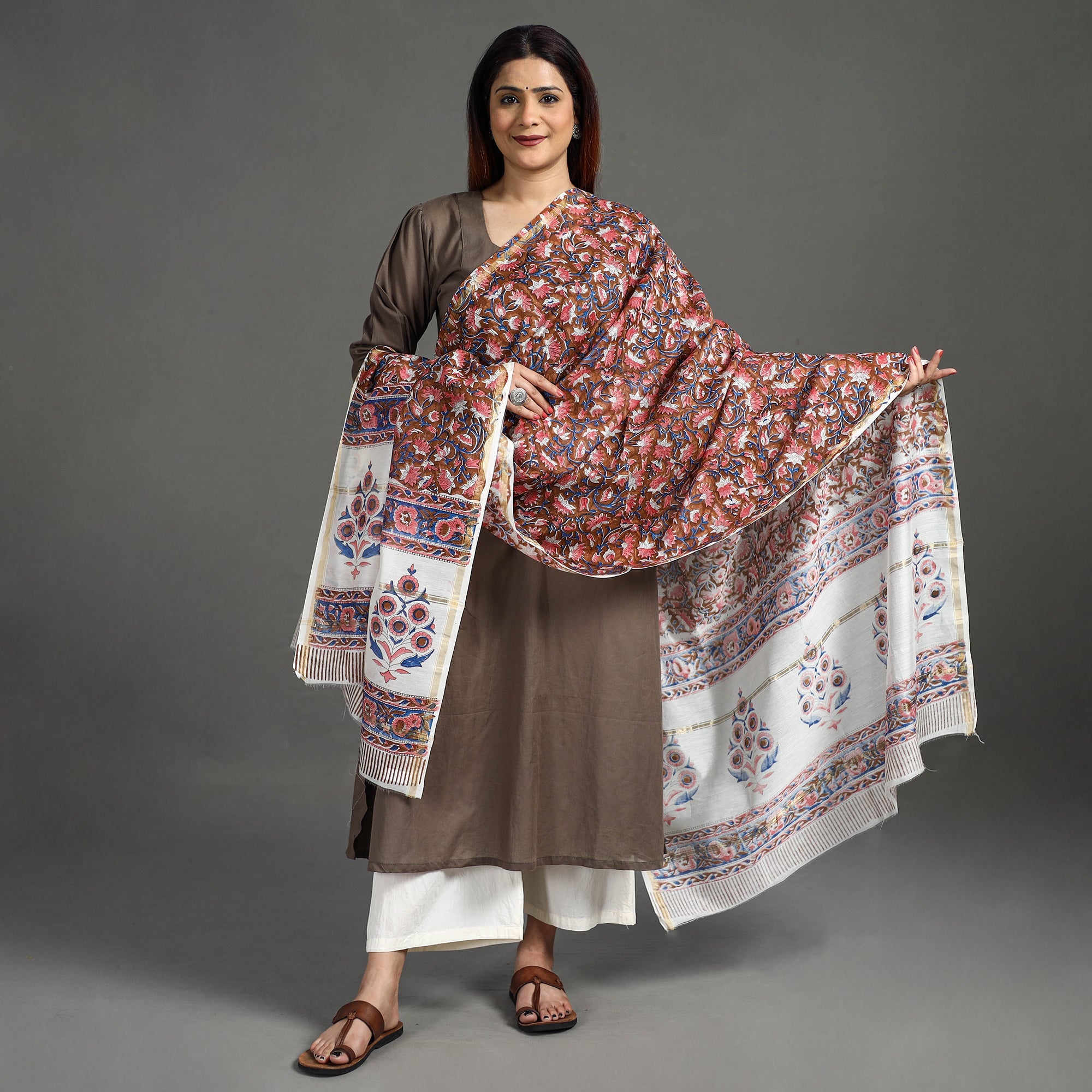 ARTISAN HAND BLOCK PRINTS Brown - Handloom Chanderi Silk Sanganeri Print Dupatta 03