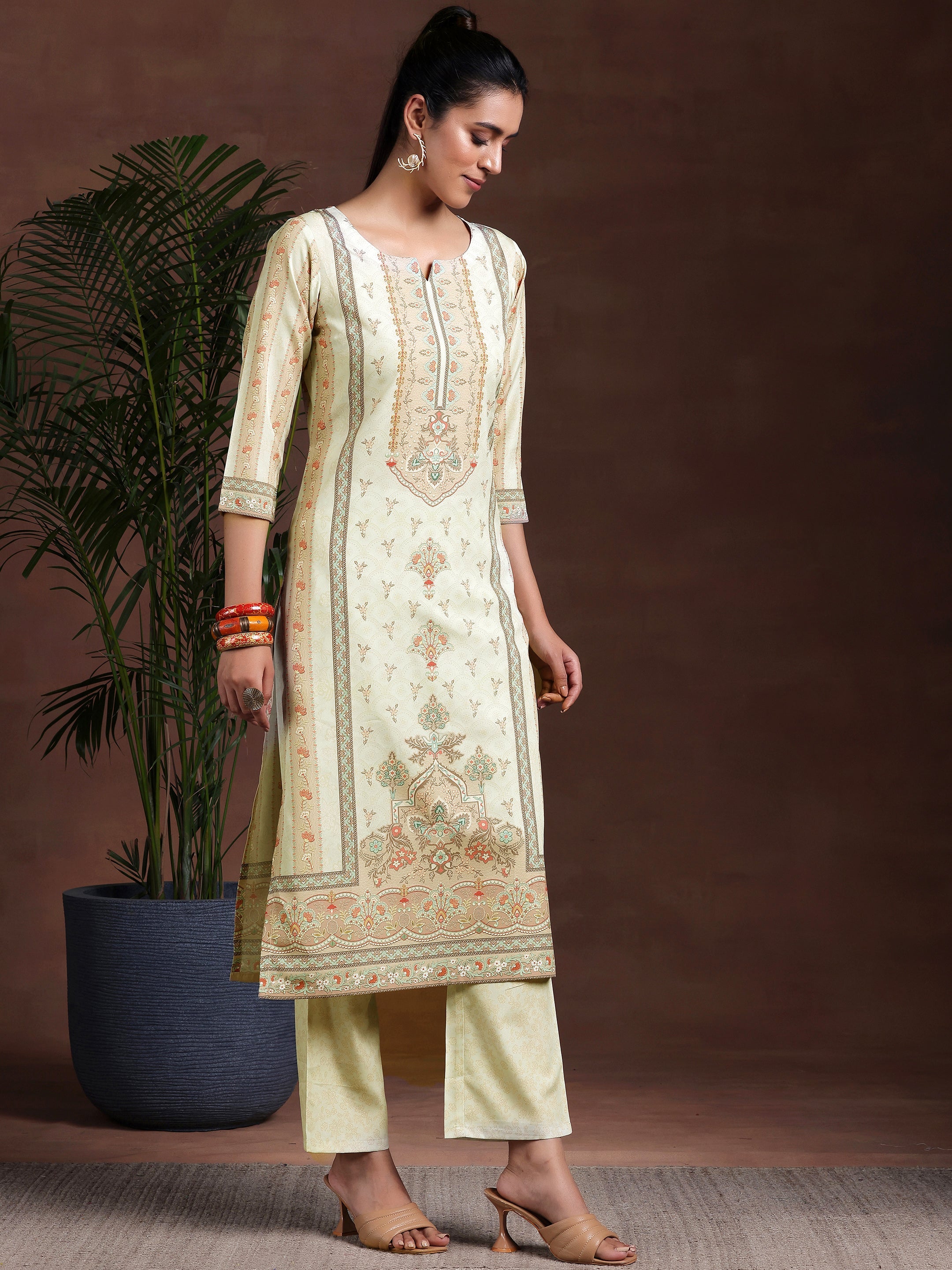 Libas Beige Printed Poly Crepe Straight Suit With Dupatta - view 2