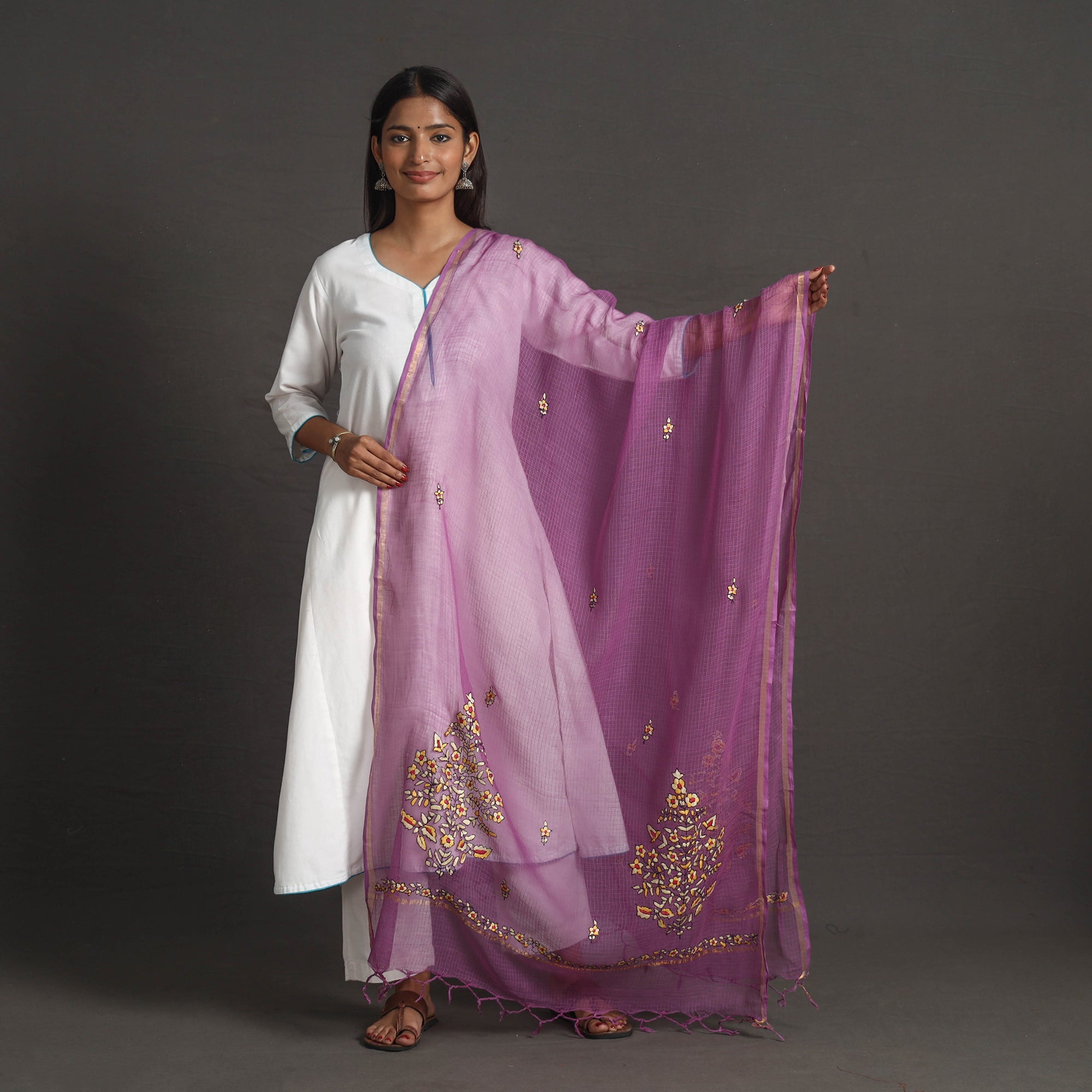 ITOKRI CRAFTS INITIATIVE Kota Doria Silk Cotton Kashida Embroidery Dupatta 57