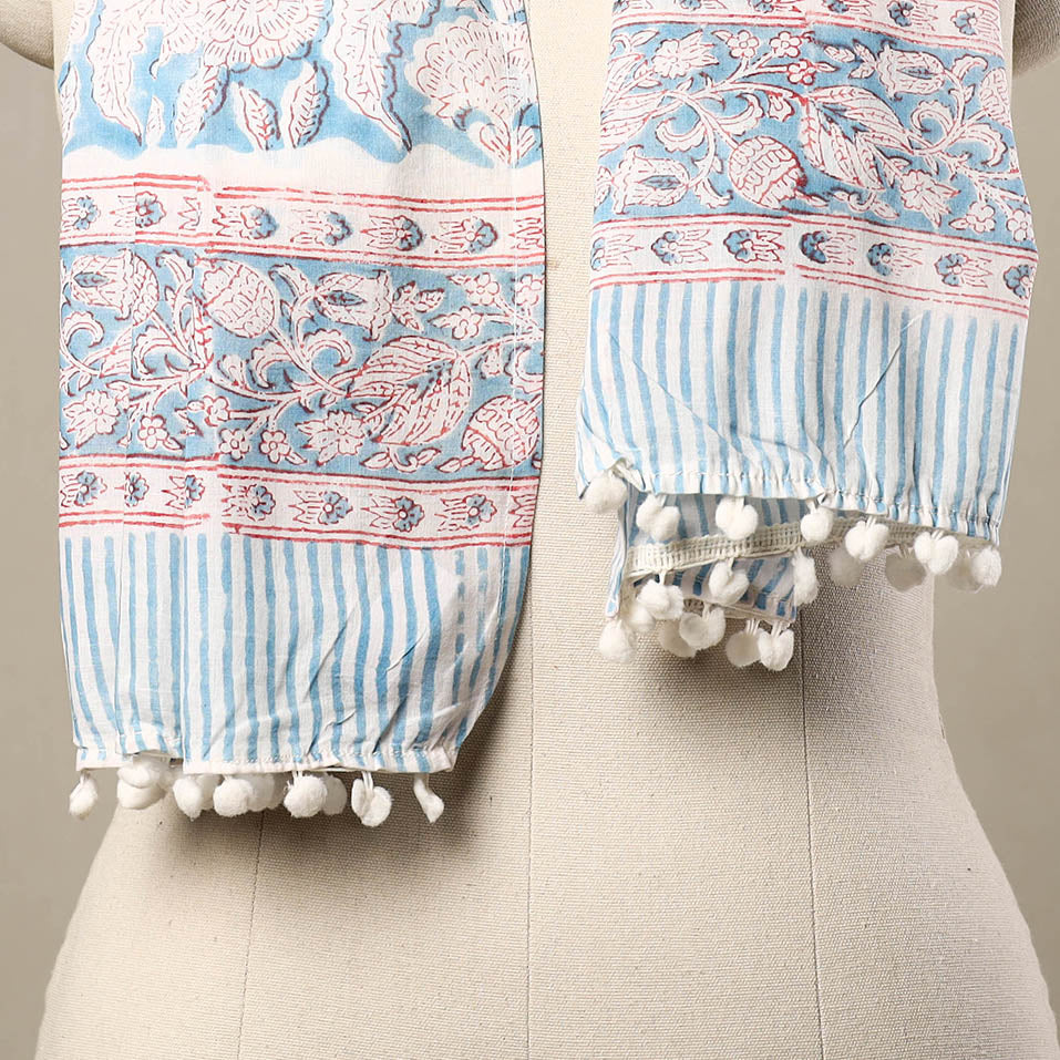 HAVELI CHRONICLES Blue - Block Print Cotton Sanganeri Stole with Pom Pom 13 - view 2