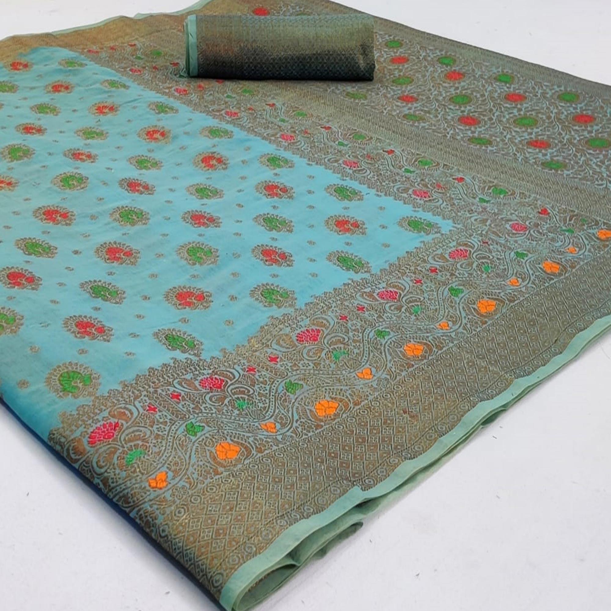 Peachmode Desirable Sky Blue Colored Festive Wear Woven Cotton Saree