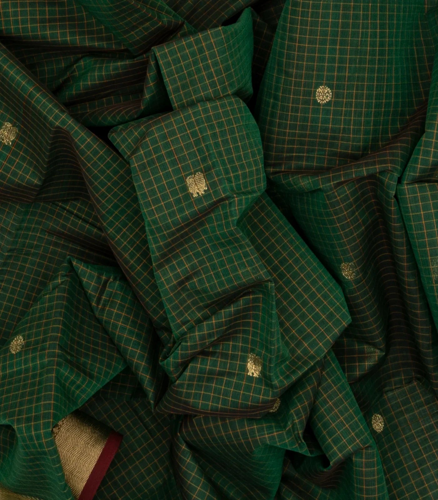 RmKV Bottle Green Handloom Kanchi Cotton Saree With Checks & Zari Buttas - view 3