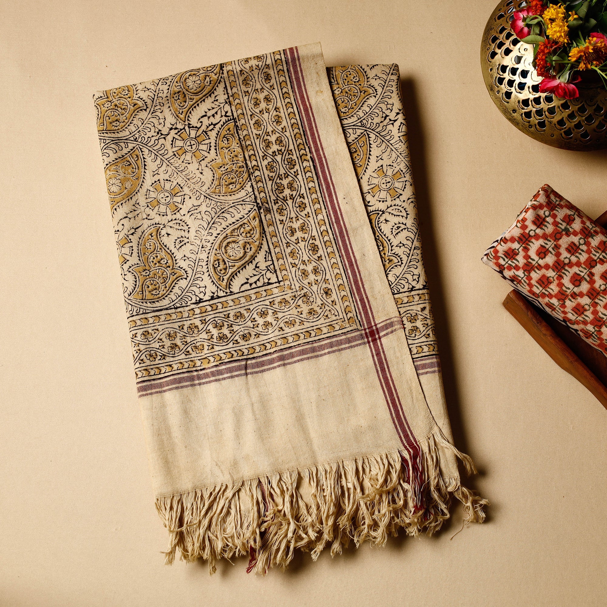 PITCHUKA SRINIVAS KALAMKARI PEDANA Beige - Pedana Kalamkari Block Printed Handloom Cotton Towel