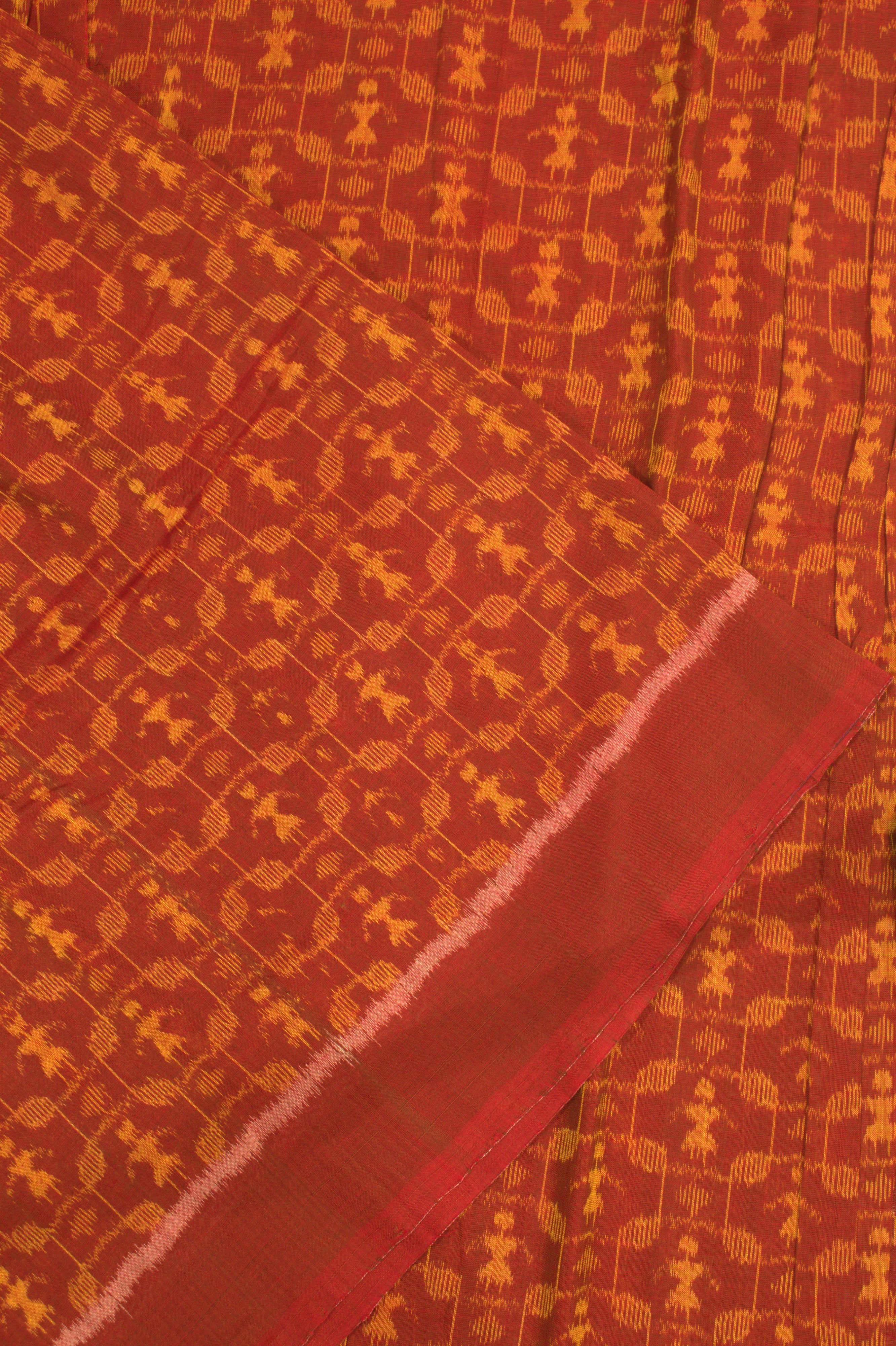 IndianVillèz Reddish Orange Tribal Sambalpuri Ikat Cotton Fabric - view 2