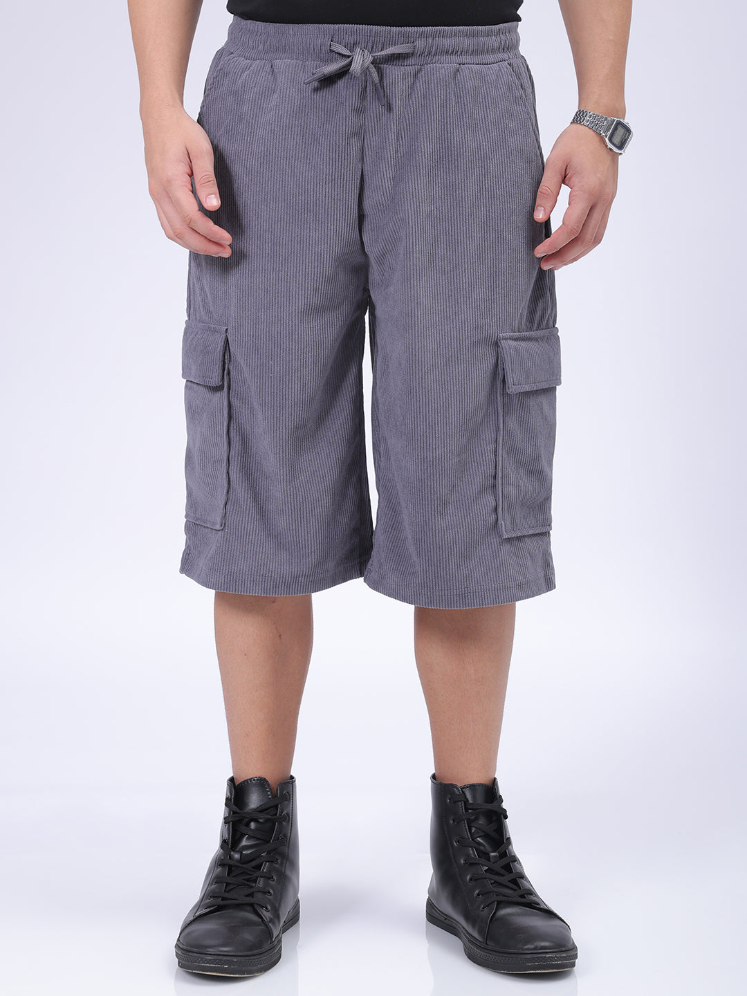 The Indian Garage Co Men's Grey Loose Textured Utility Cargo Shorts