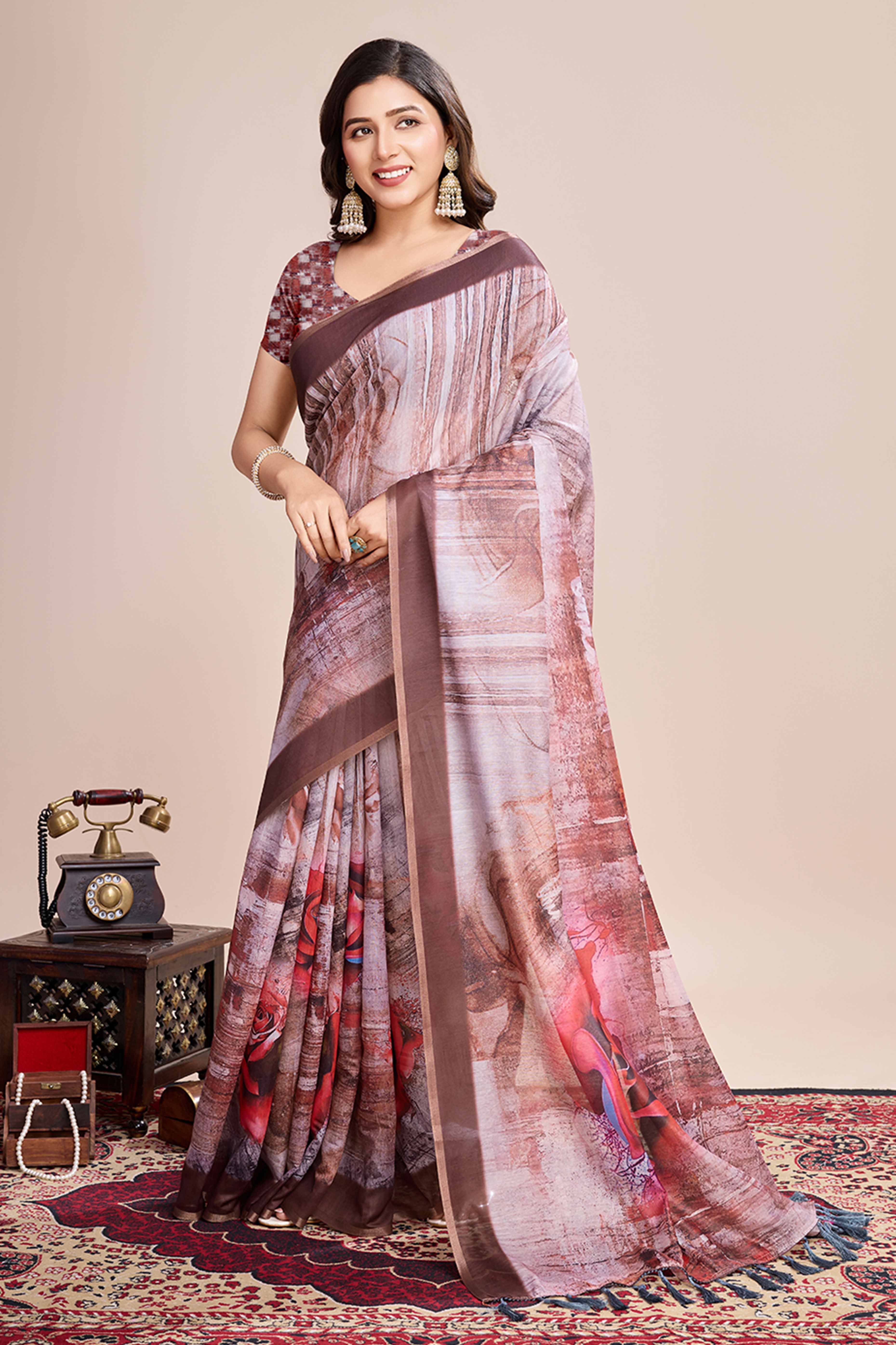 Peachmode Coffee Brown Floral Printed Linen Saree